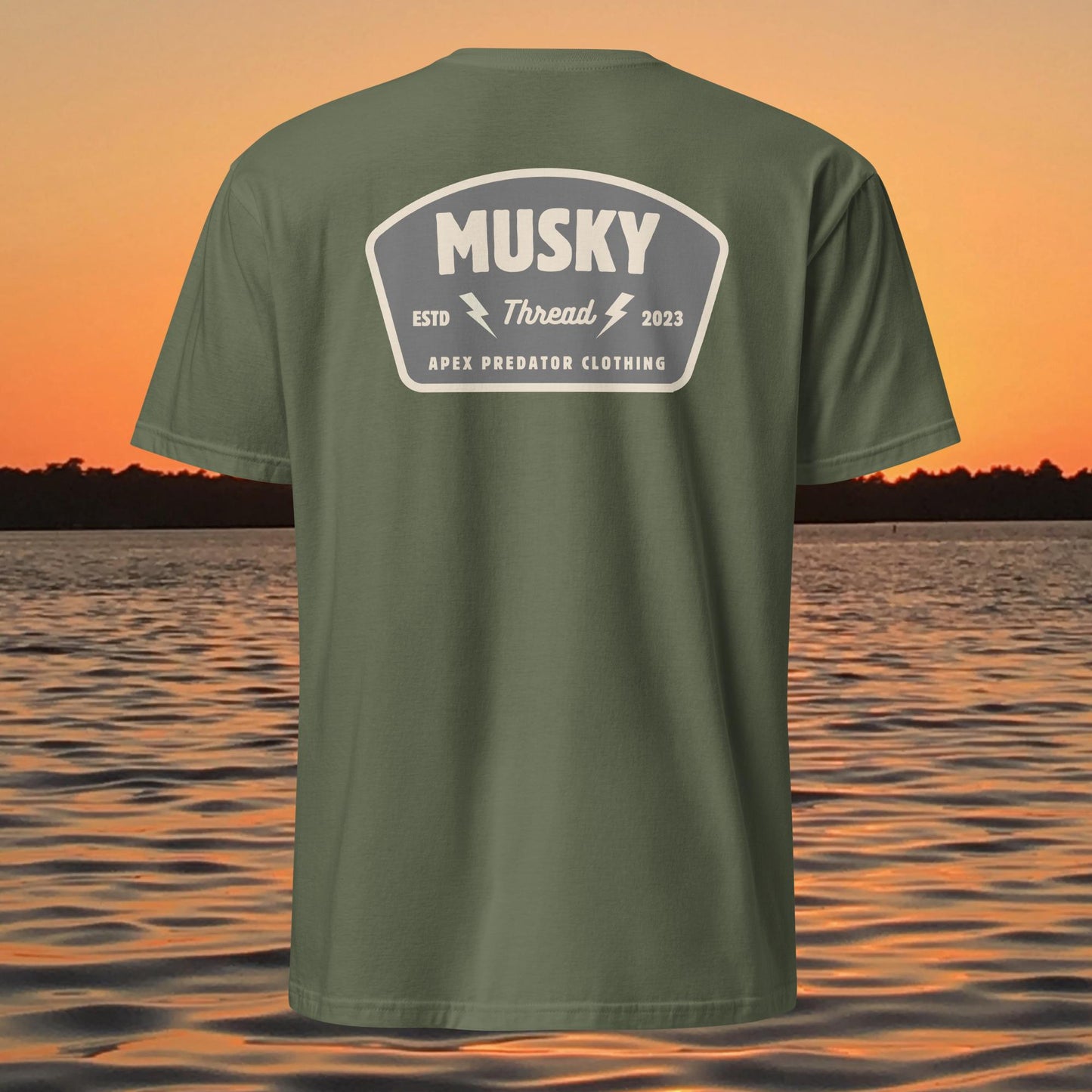 t shirt with musky thread apex predator badge style design on back
