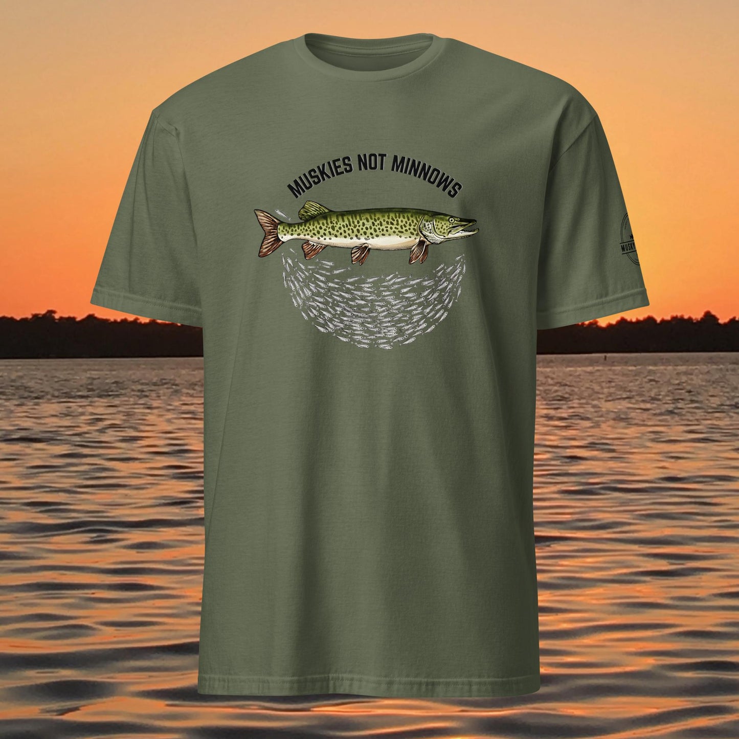 musky fishing t shirt with muskie above baitfish school design

