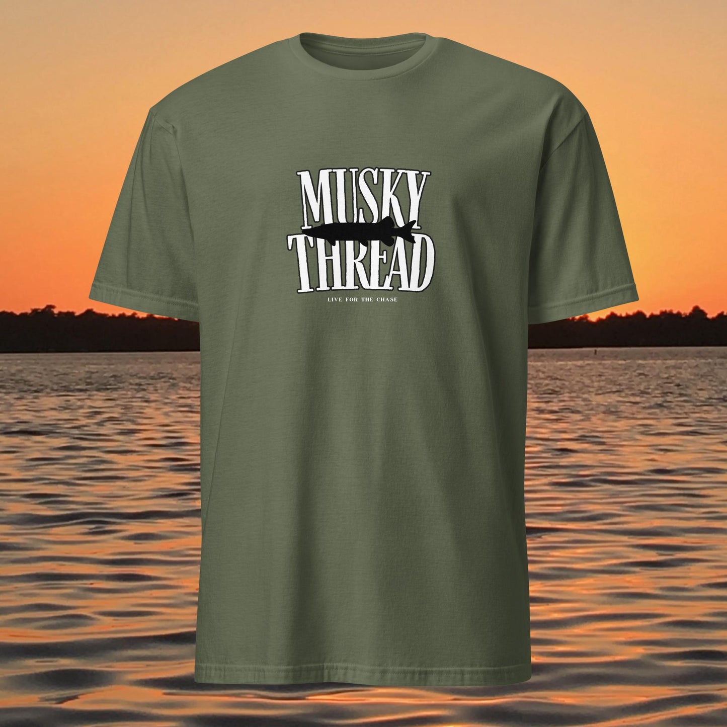 Musky fishing shirt musky thread stamped logo design on green shirt