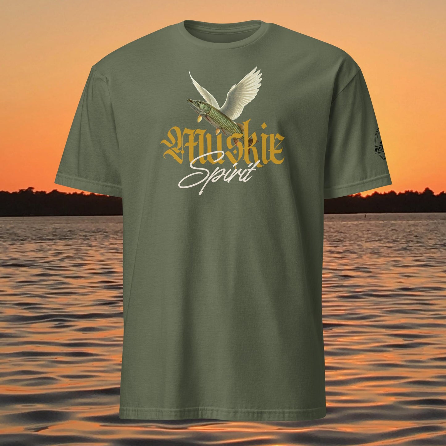 musky fishing shirt muskie spirit design flying fish graphic on green shirt