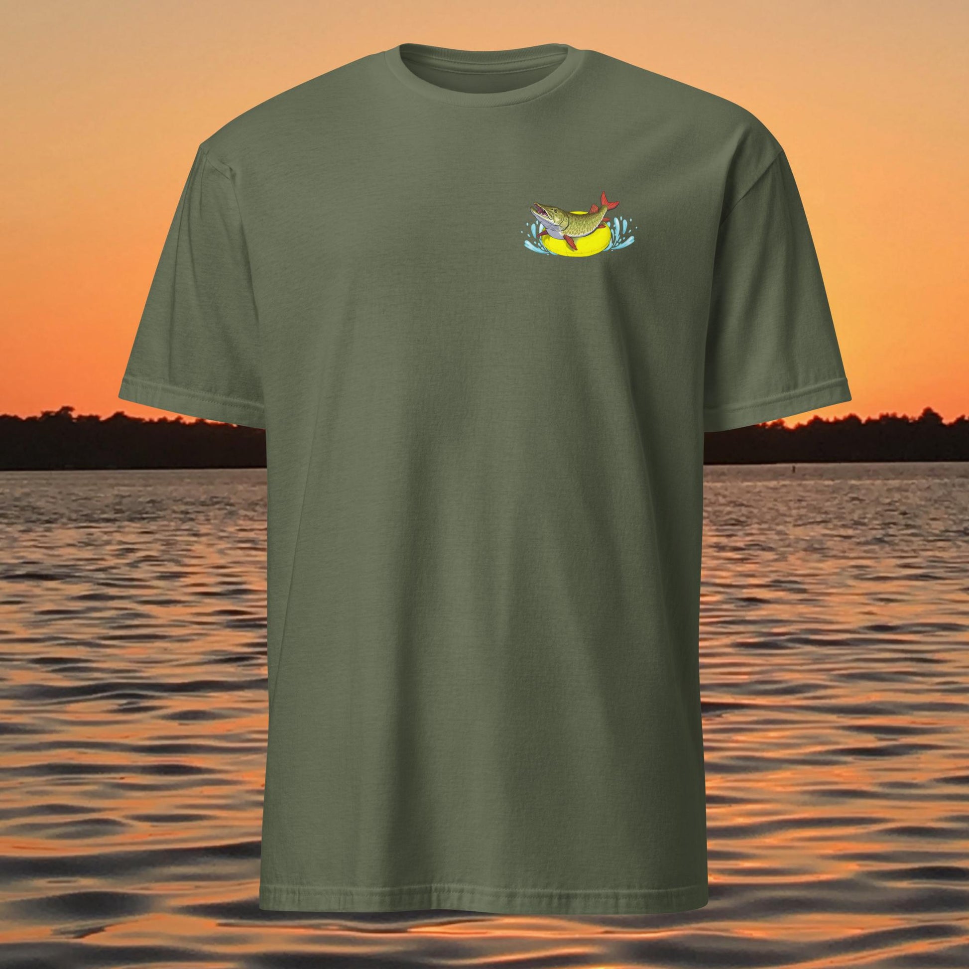 funny muskie fishing shirt pool floatie no livescope musky graphic tee green