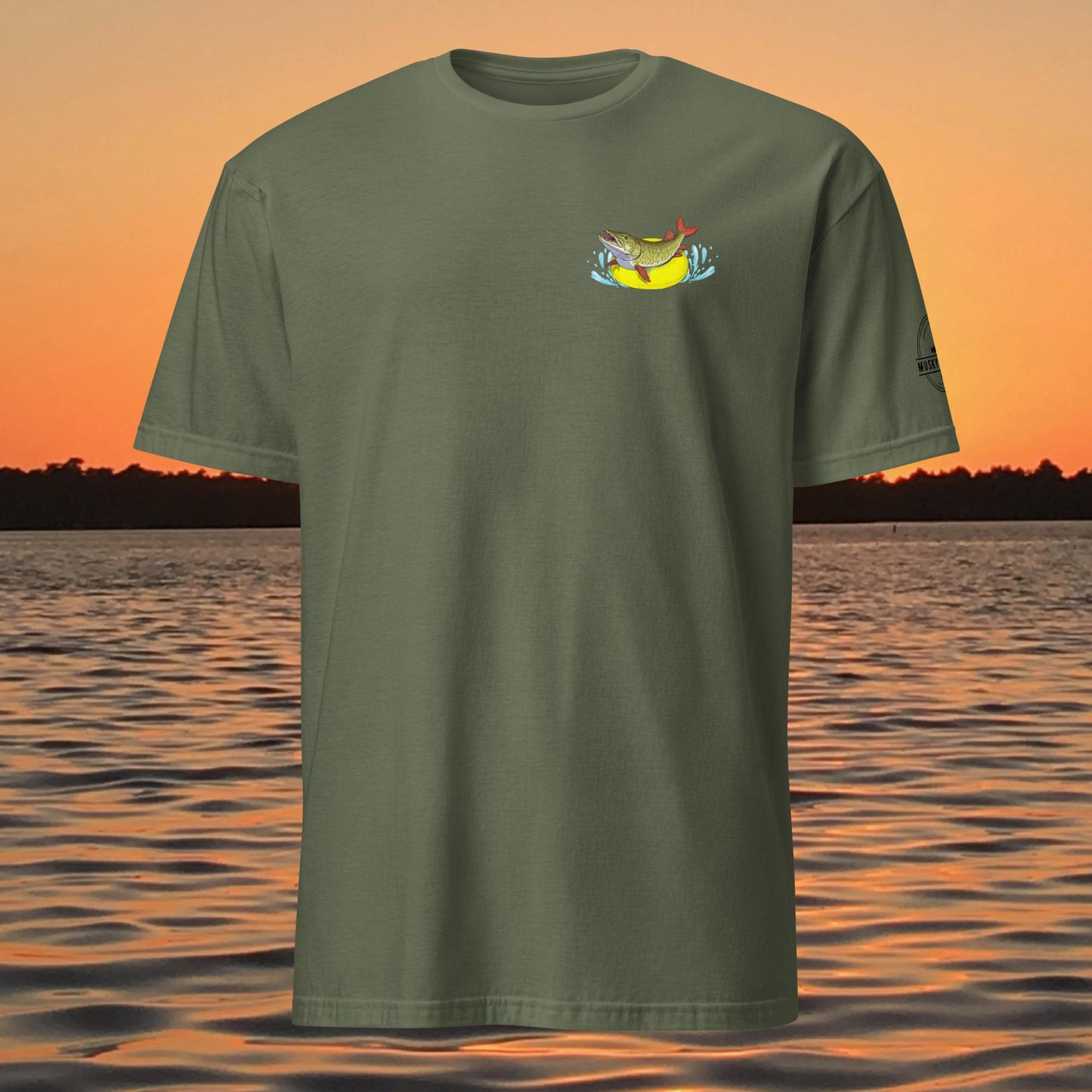 funny muskie fishing shirt pool floatie no livescope musky graphic tee green