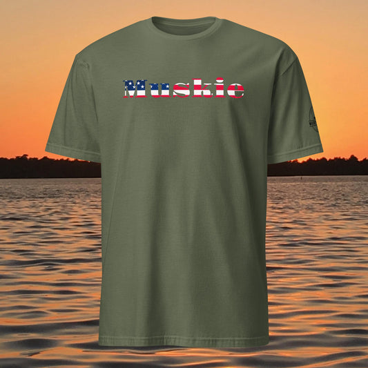 muskie fishing shirt patriotic american flag musky graphic tee green
