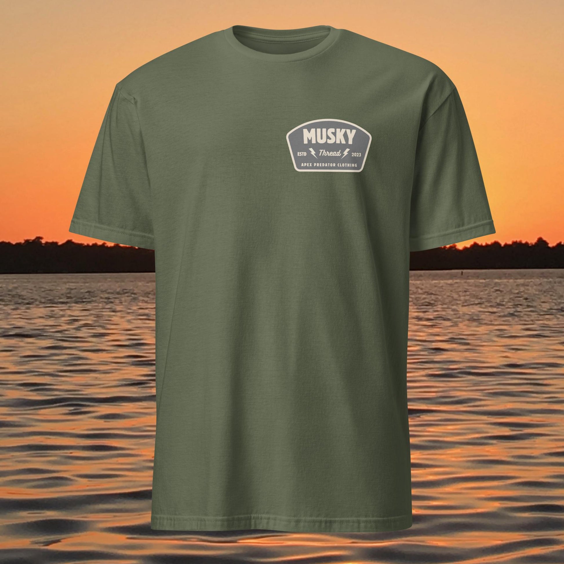 t shirt with musky thread apex predator badge style design on back
