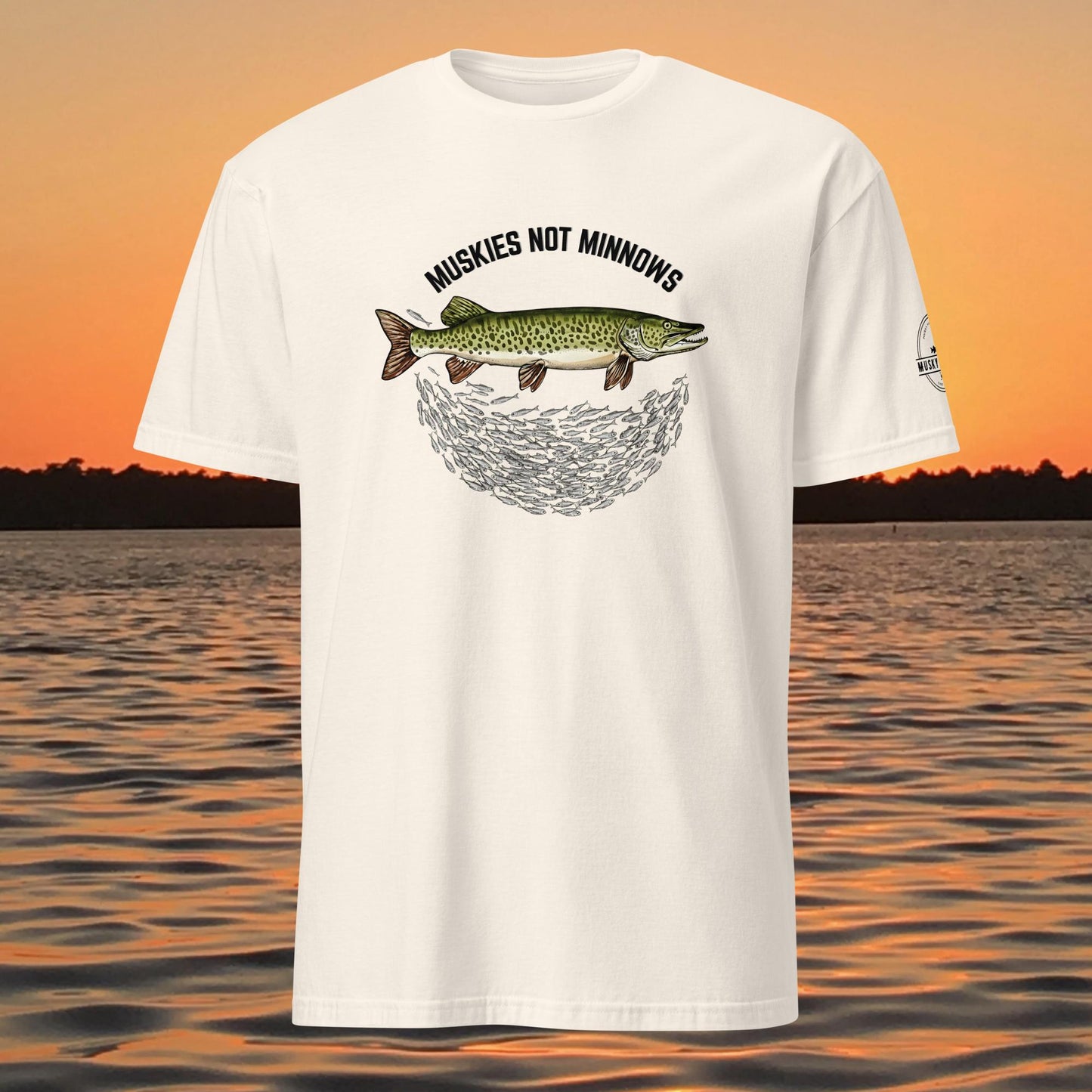 musky fishing t shirt with muskie above baitfish school design
