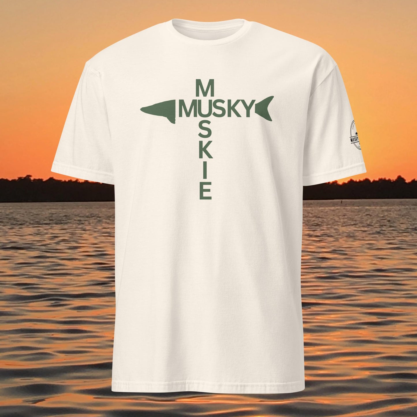 t shirt with musky cross text design forming a cross with musky silhouette
