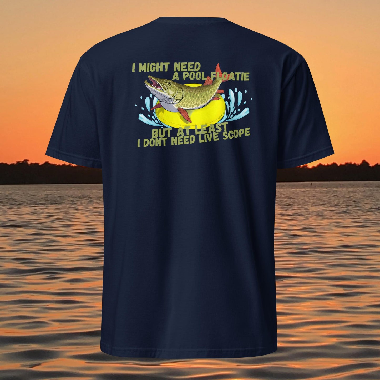 funny muskie fishing shirt pool floatie no livescope musky graphic tee navy