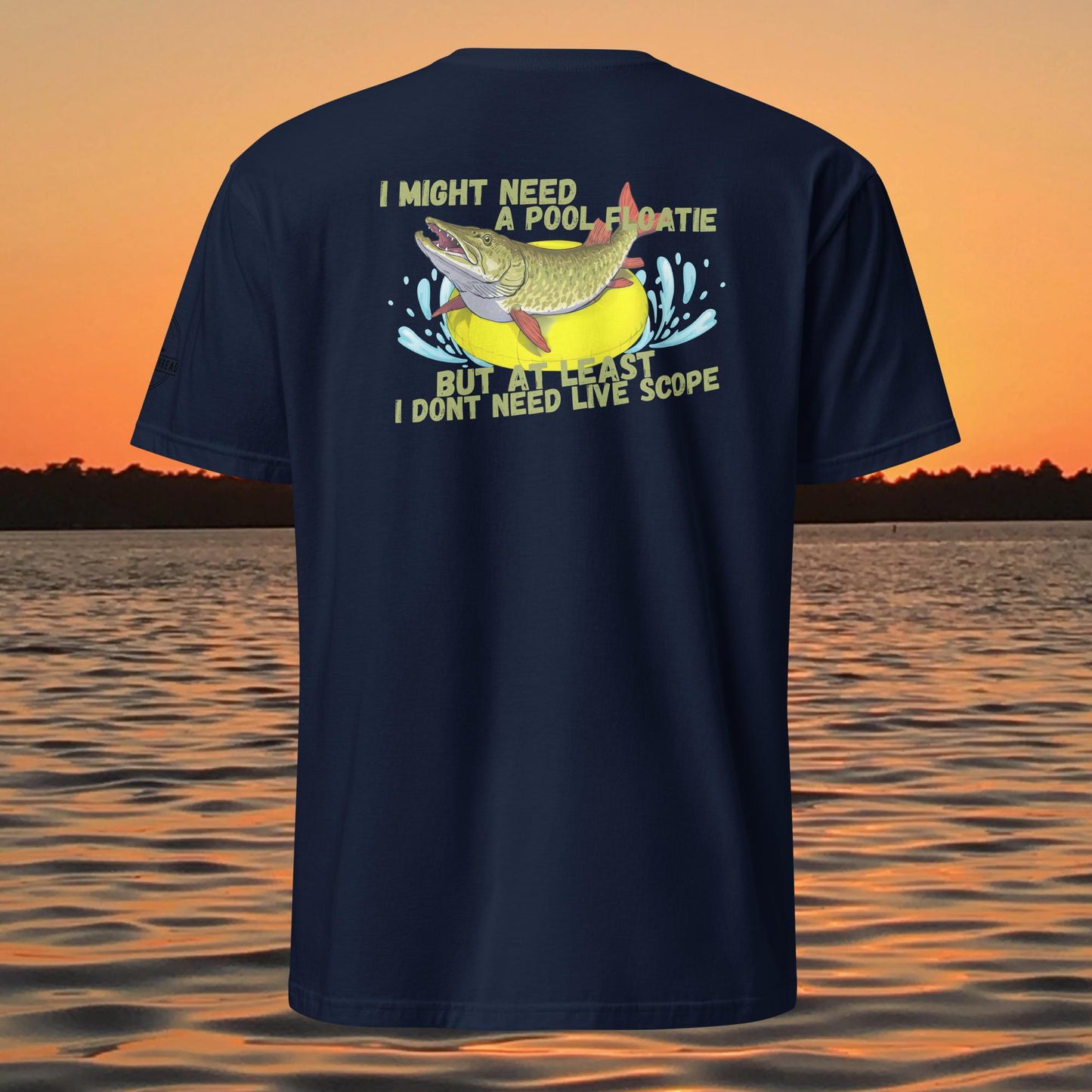 funny muskie fishing shirt pool floatie no livescope musky graphic tee navy