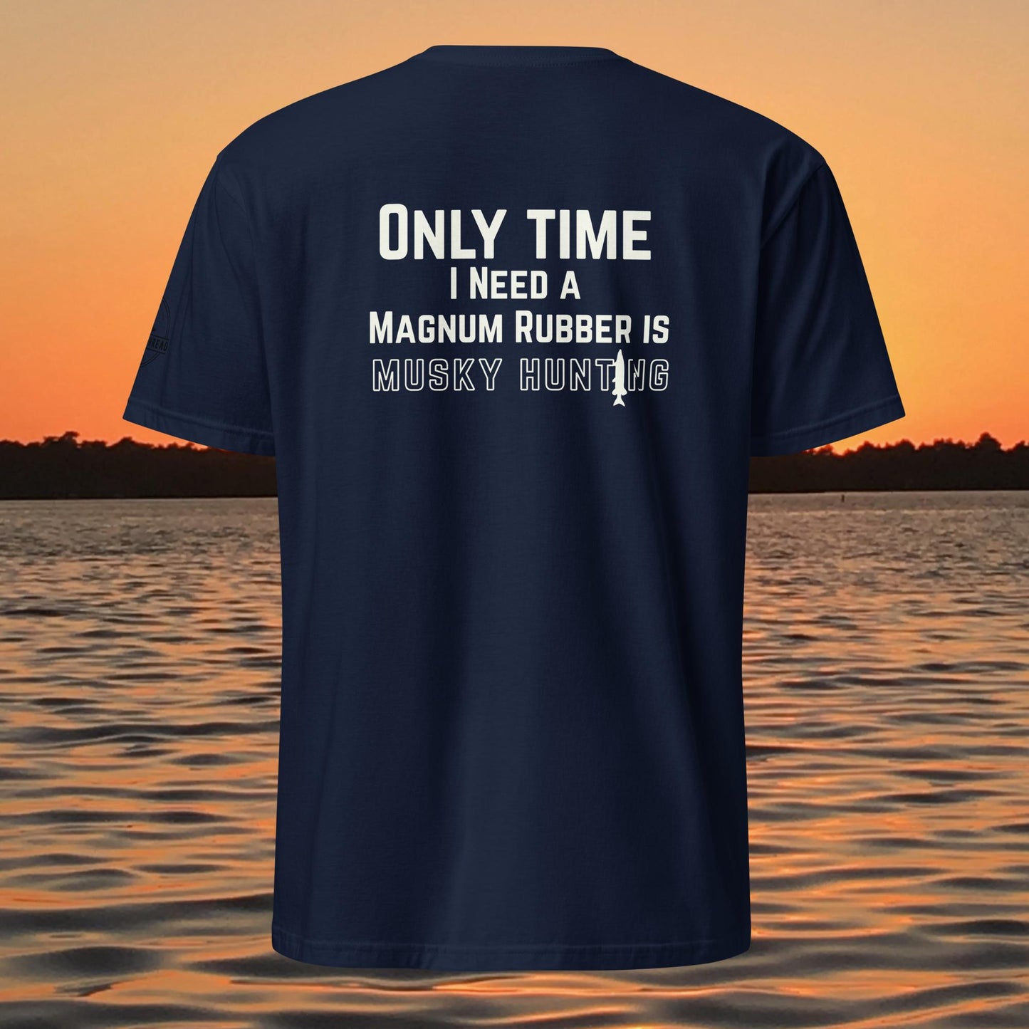 funny muskie fishing shirt musky hunting magnum rubber design back print blue