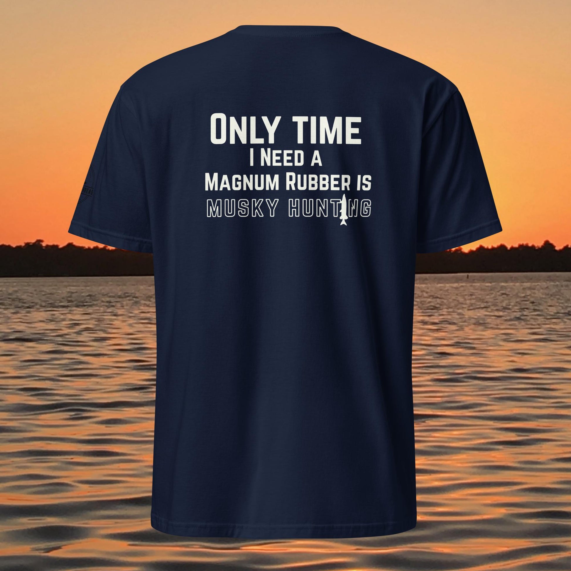 funny muskie fishing shirt musky hunting magnum rubber design back print blue