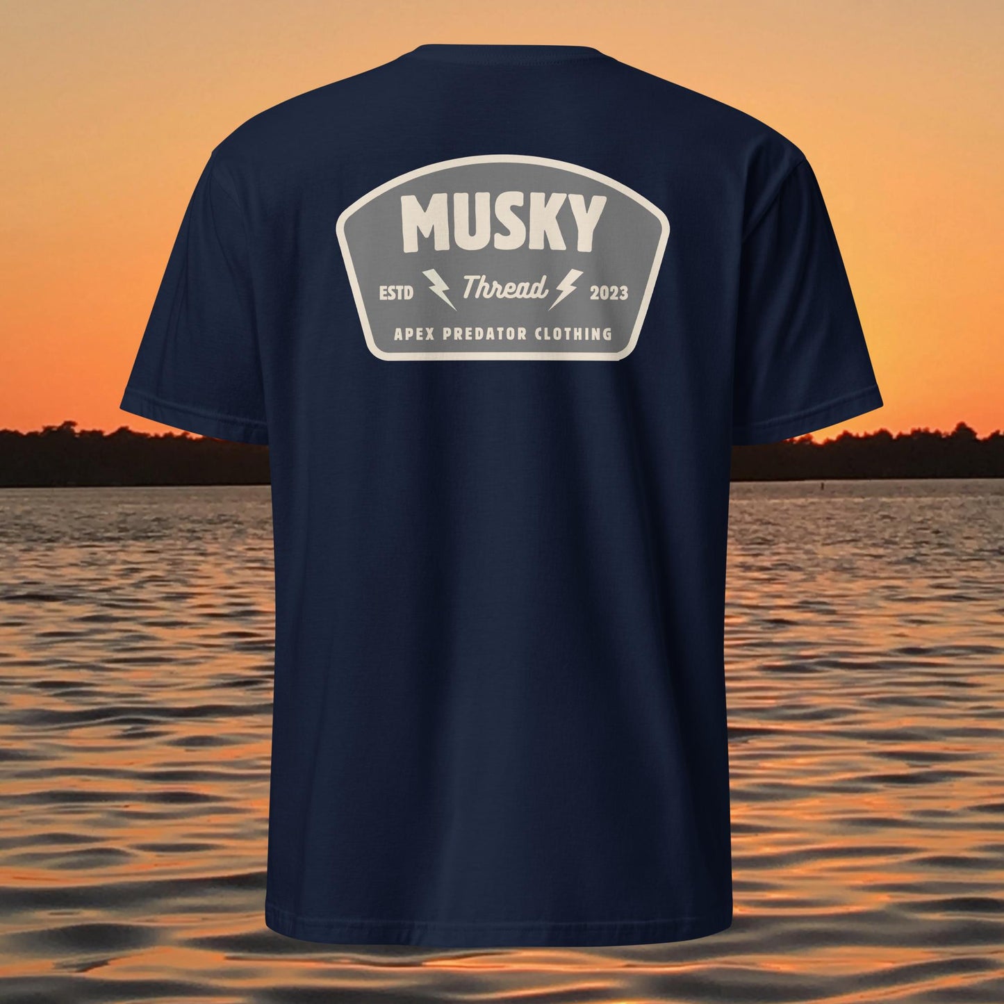 t shirt with musky thread apex predator badge style design on back
