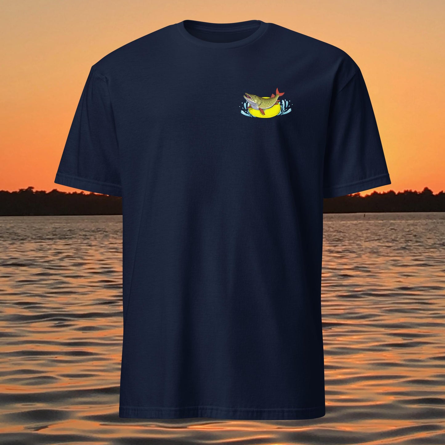 funny muskie fishing shirt pool floatie no livescope musky graphic tee navy