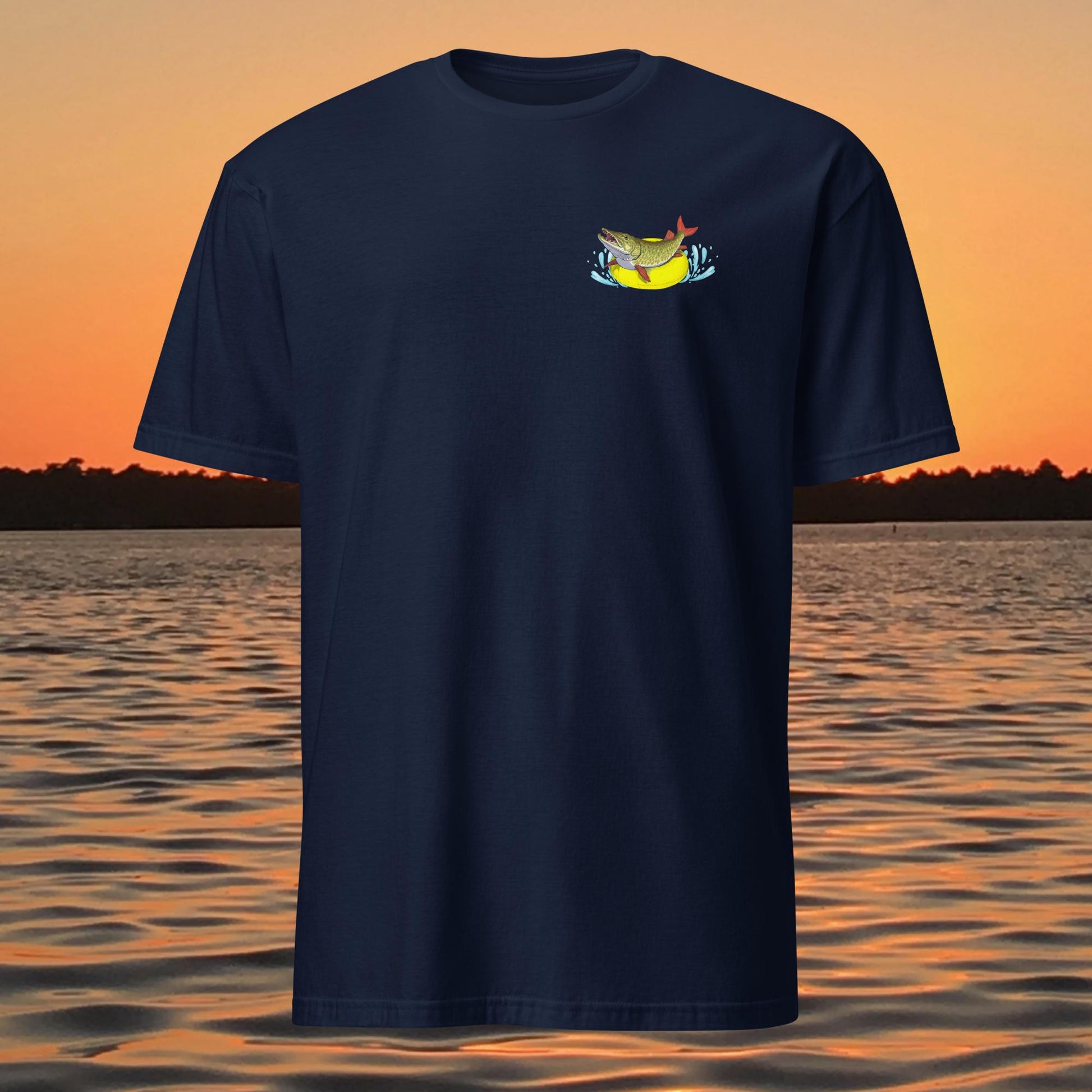 funny muskie fishing shirt pool floatie no livescope musky graphic tee navy