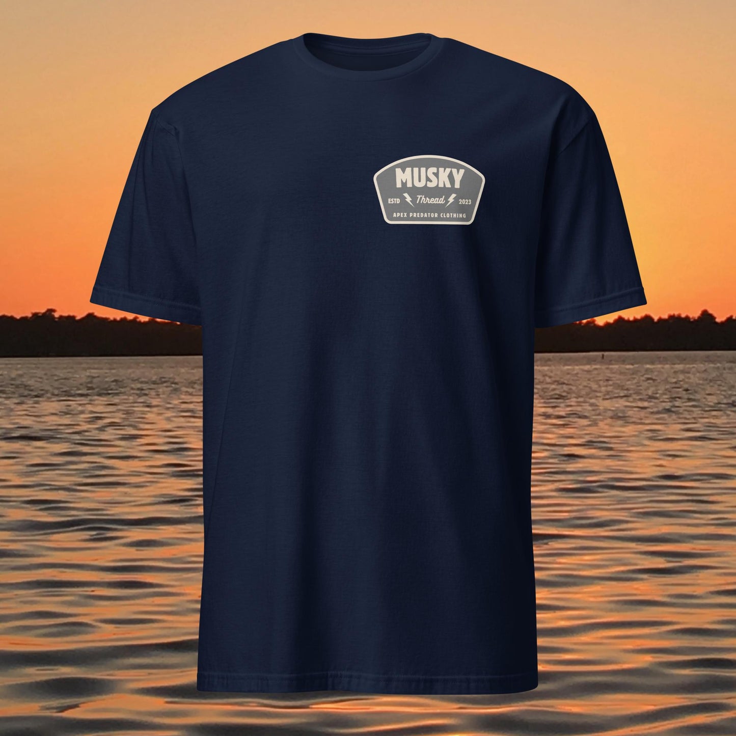 t shirt with musky thread apex predator badge style design on back
