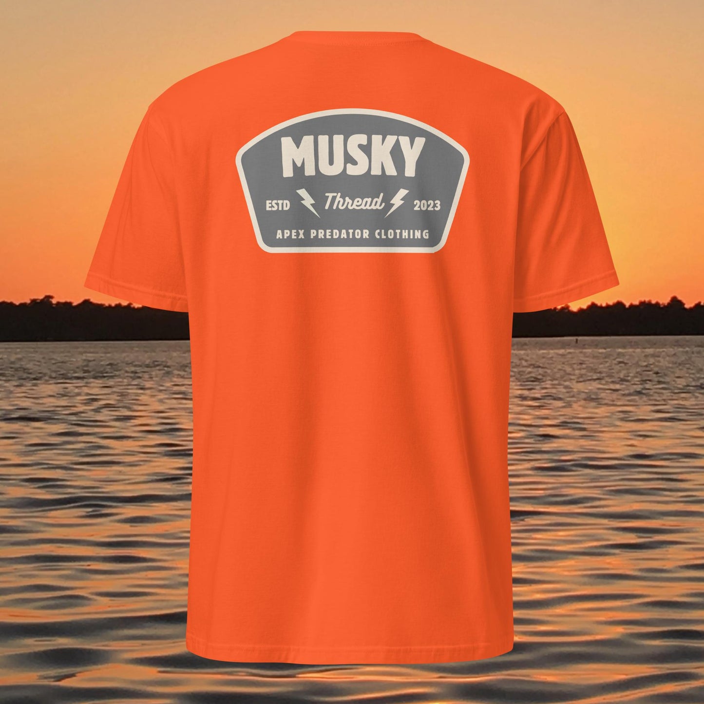 t shirt with musky thread apex predator badge style design on back

