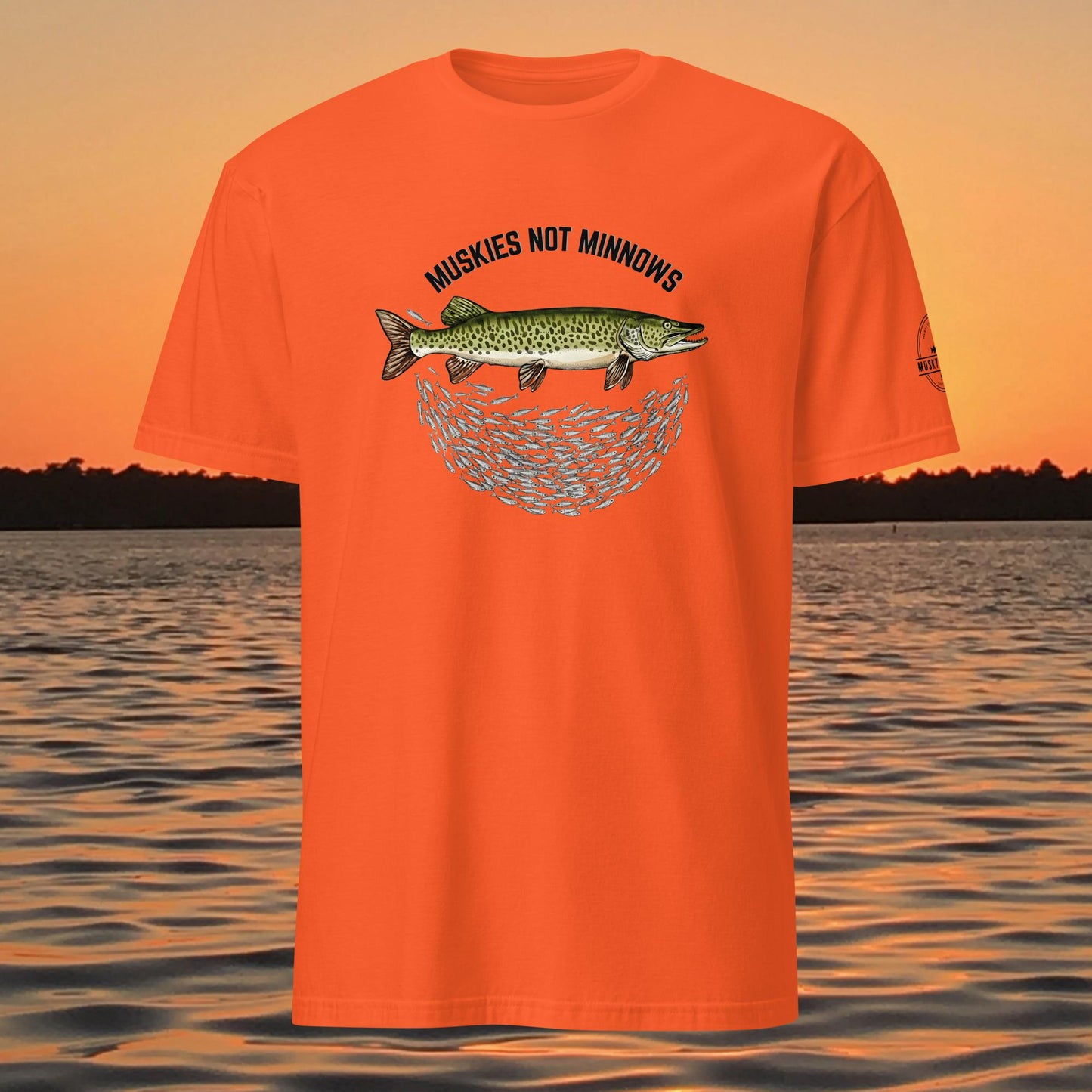 musky fishing t shirt with muskie above baitfish school design
