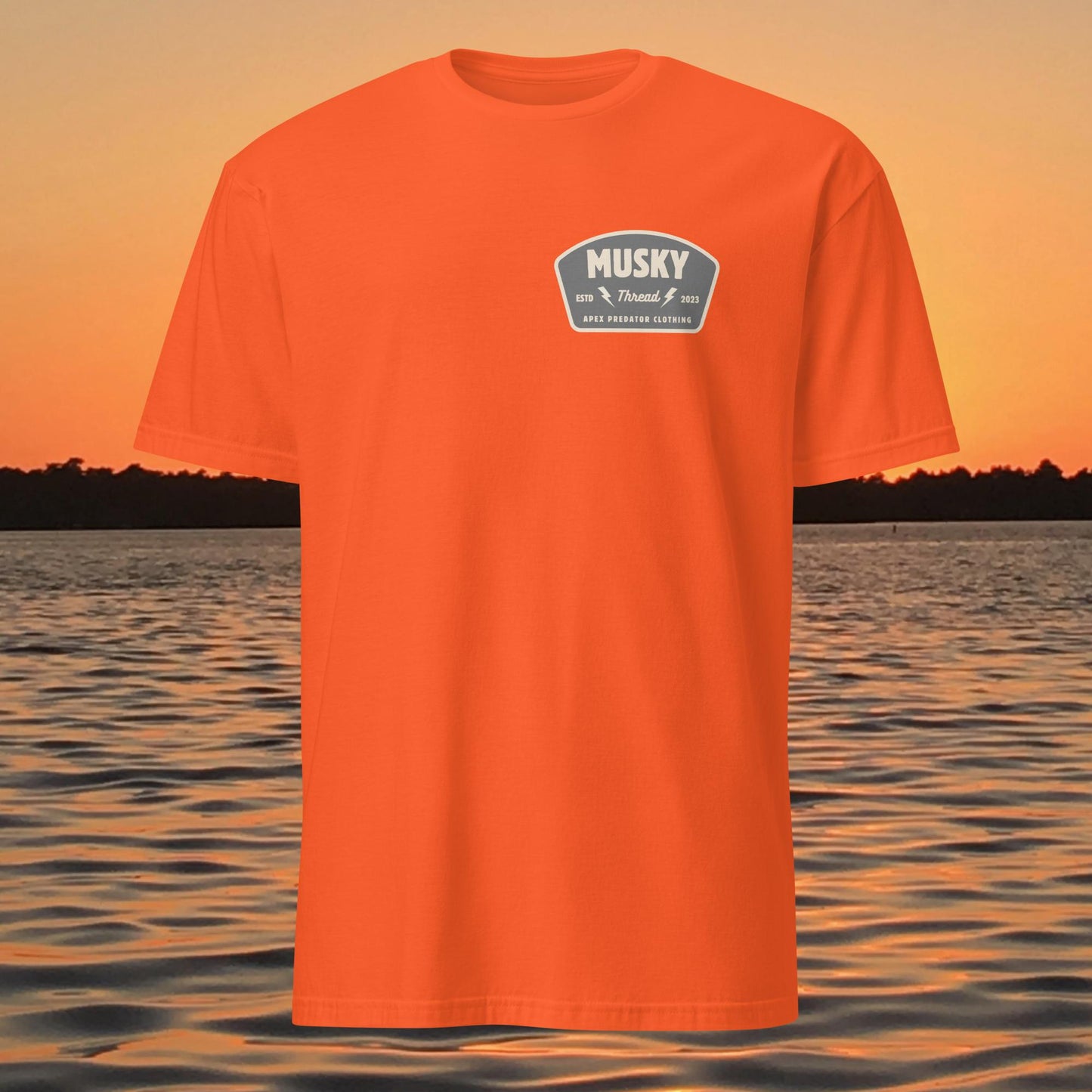 t shirt with musky thread apex predator badge style design on back
