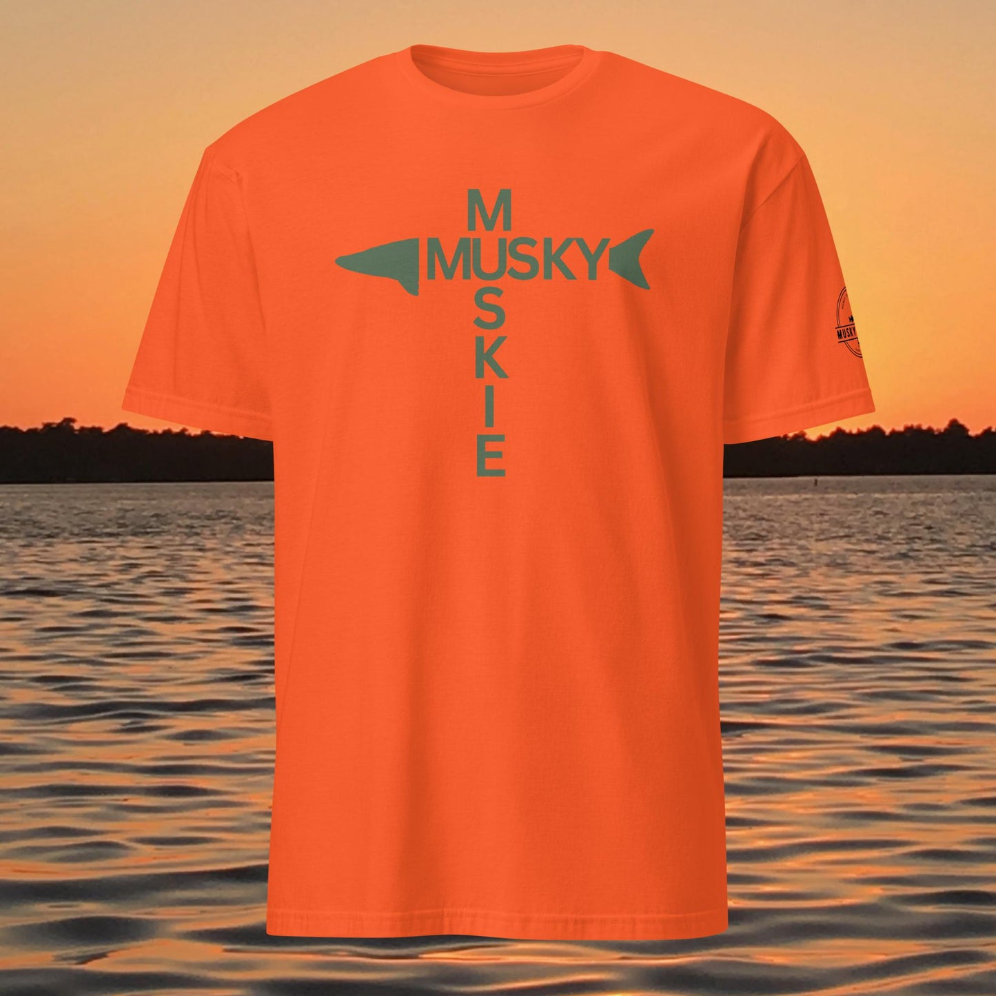 t shirt with musky cross text design forming a cross with musky silhouette
