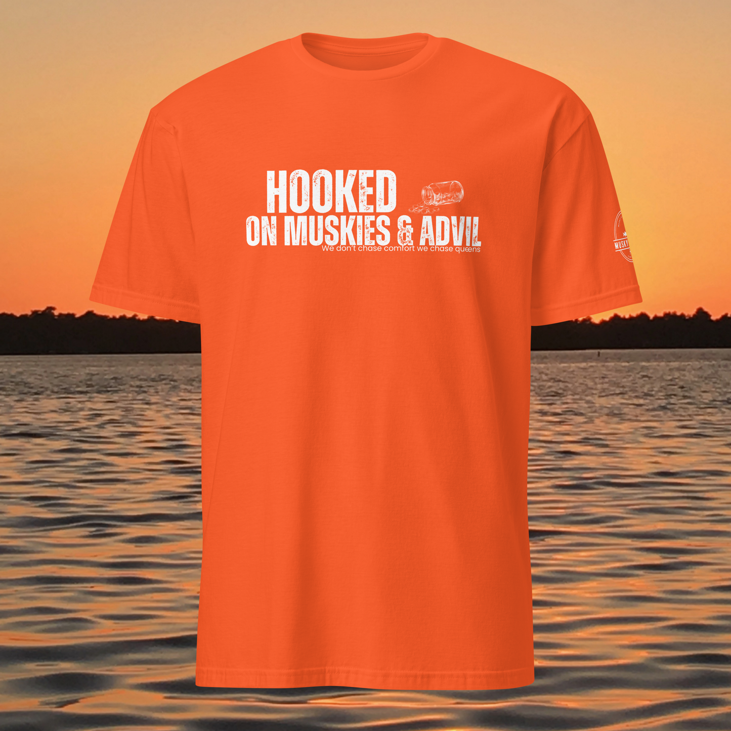 musky fishing t shirt with hooked on muskies and advil text design
