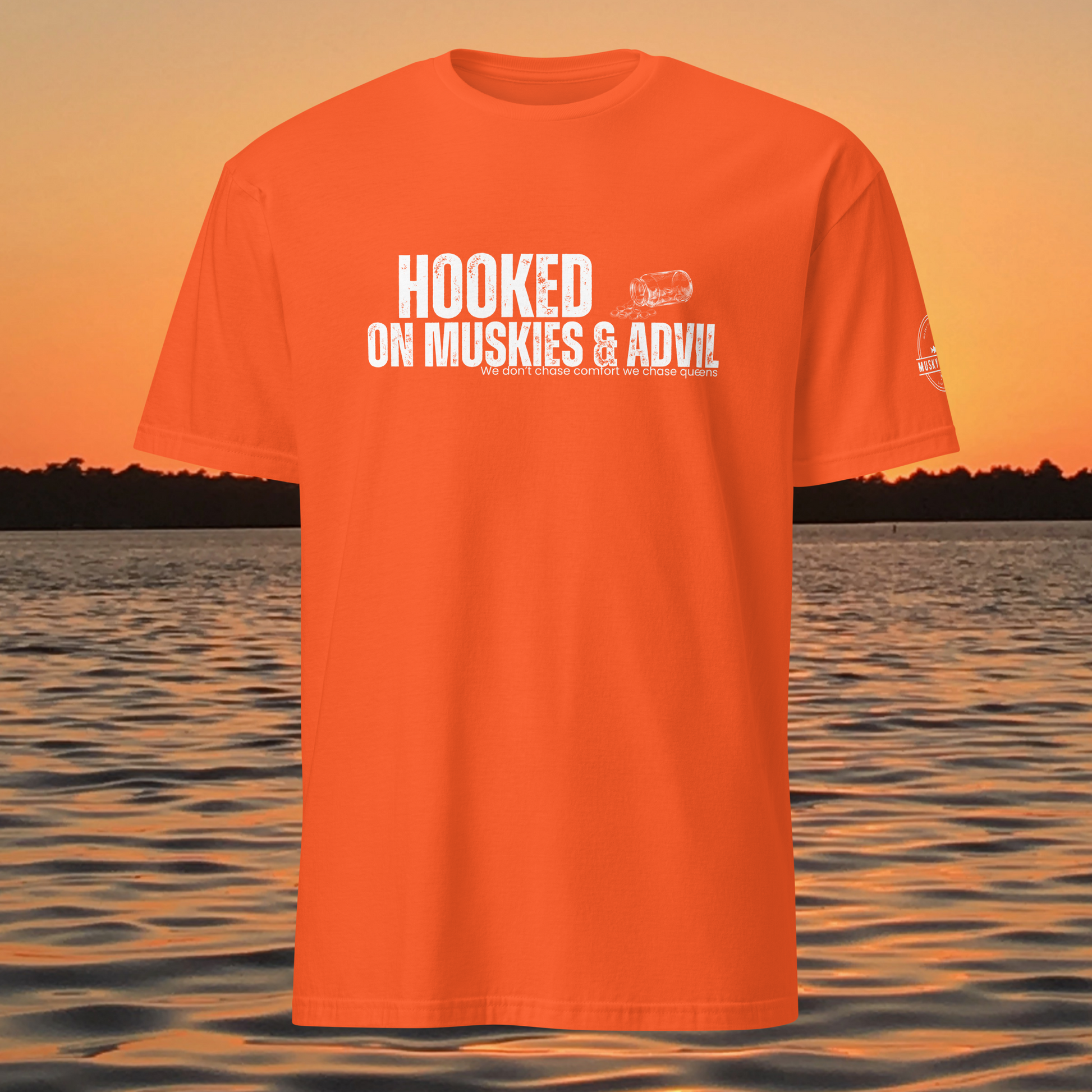 musky fishing t shirt with hooked on muskies and advil text design
