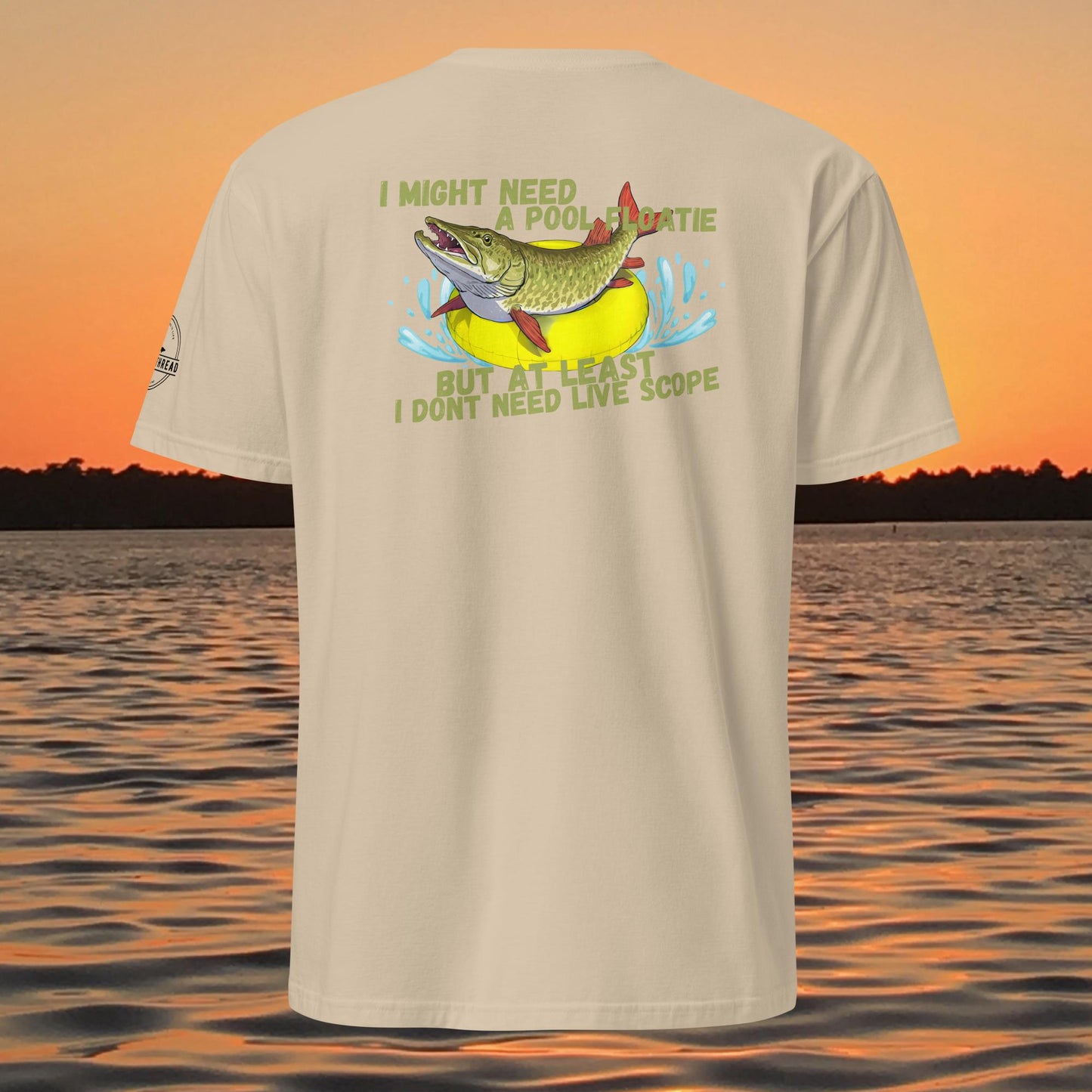 funny muskie fishing shirt pool floatie no livescope musky graphic tee tan