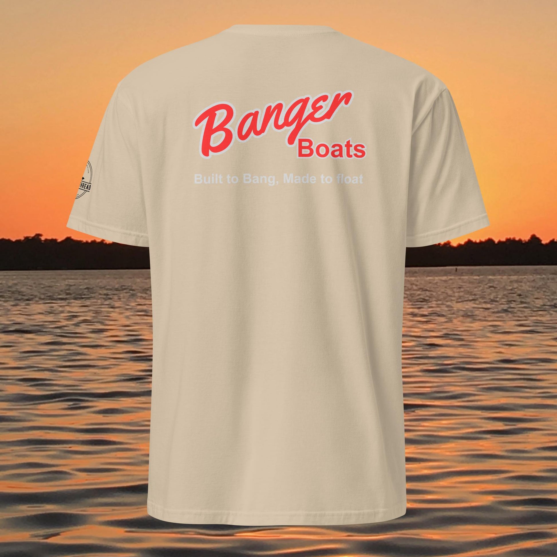 funny muskie fishing shirt built to bang made to float design tan