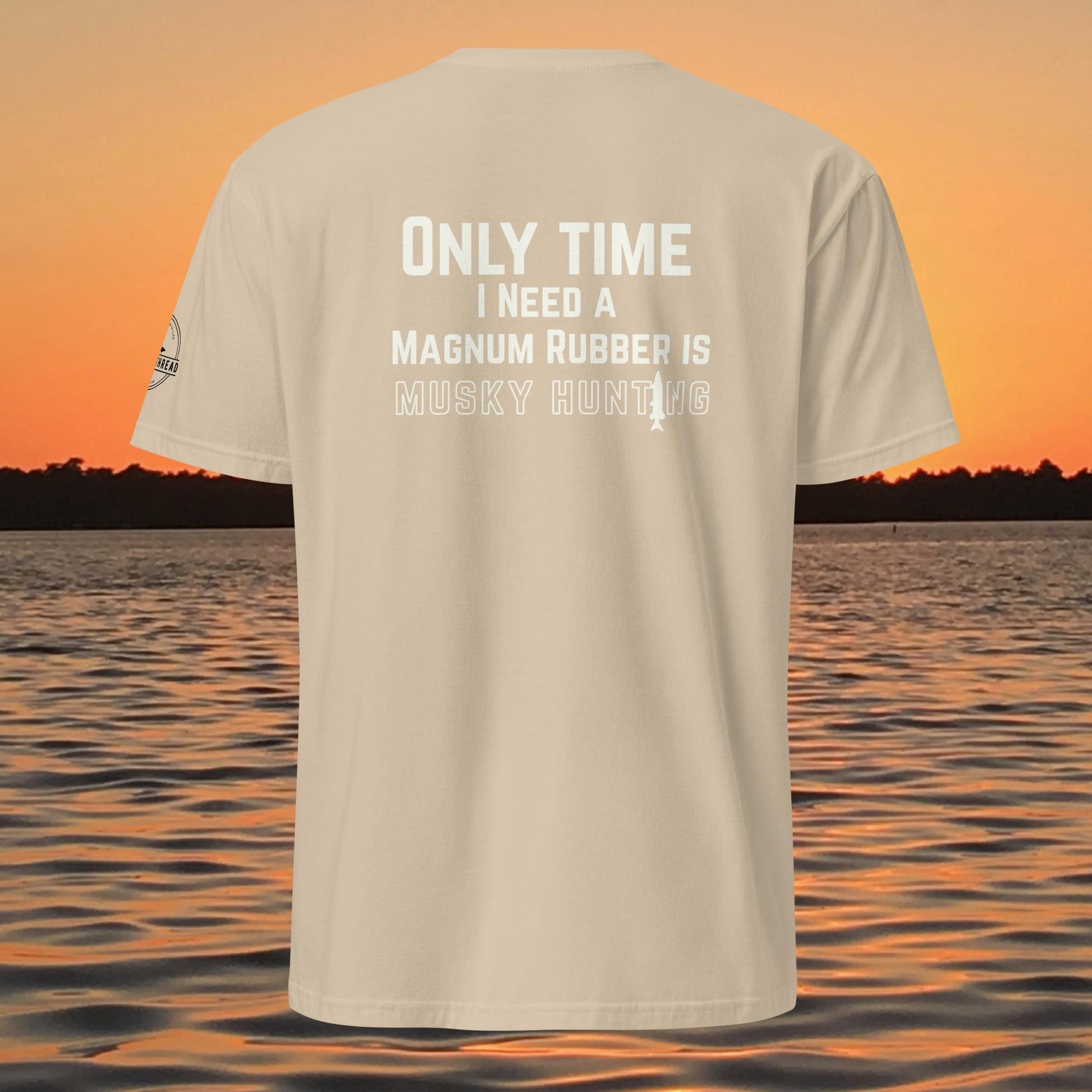 funny muskie fishing shirt musky hunting magnum rubber design back print tan