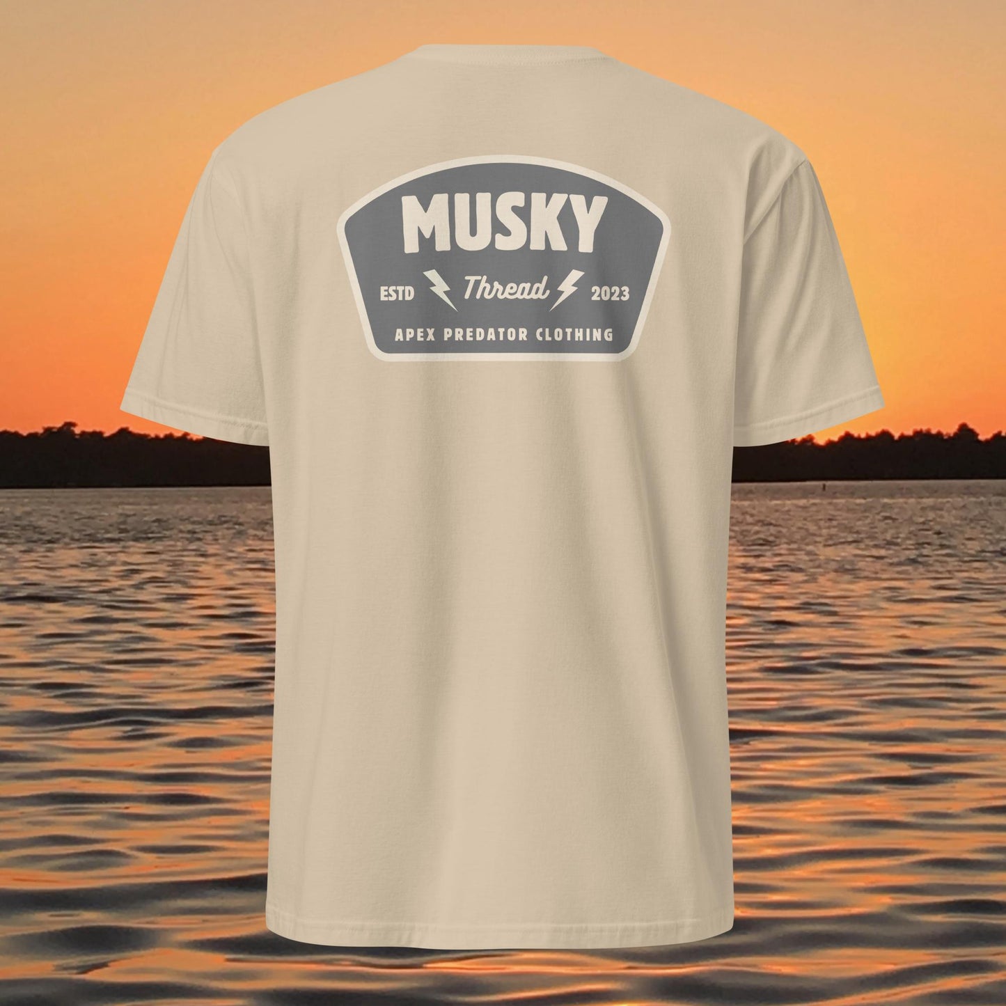 t shirt with musky thread apex predator badge style design on back
