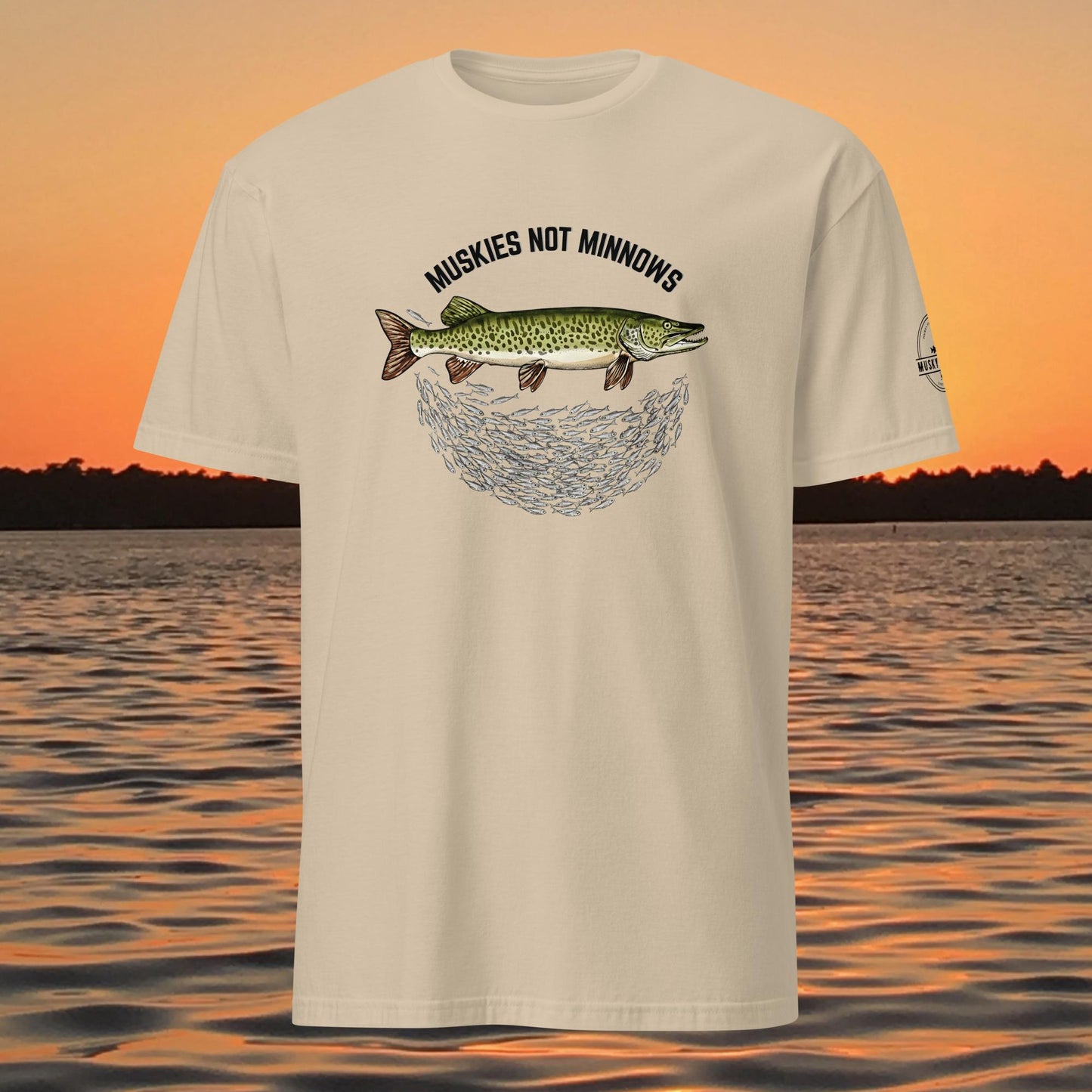 musky fishing t shirt with muskie above baitfish school design
