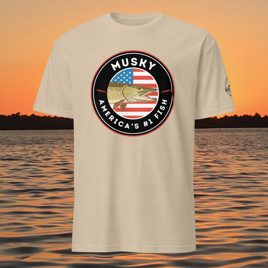 musky fishing shirt americas number one fish design sand tan