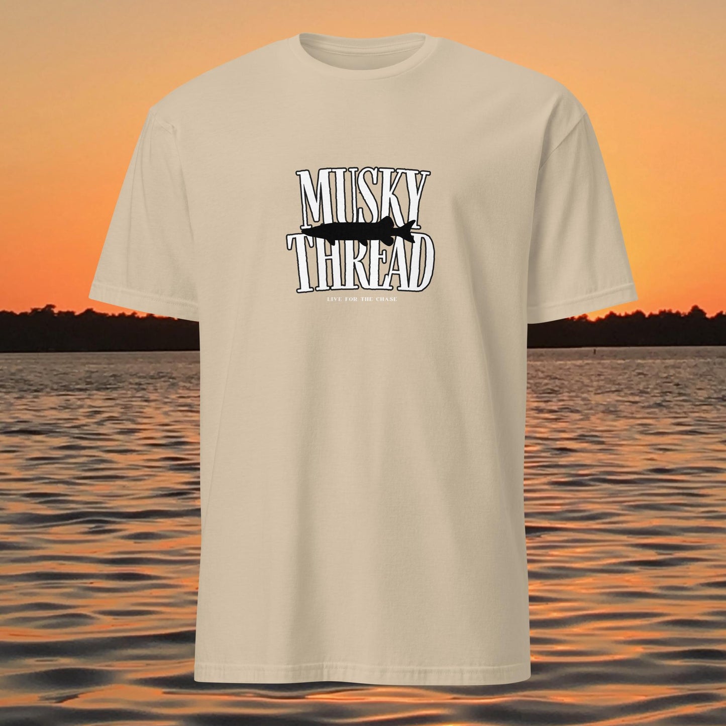 musky fishing shirt musky thread stamped logo design on tan shirt