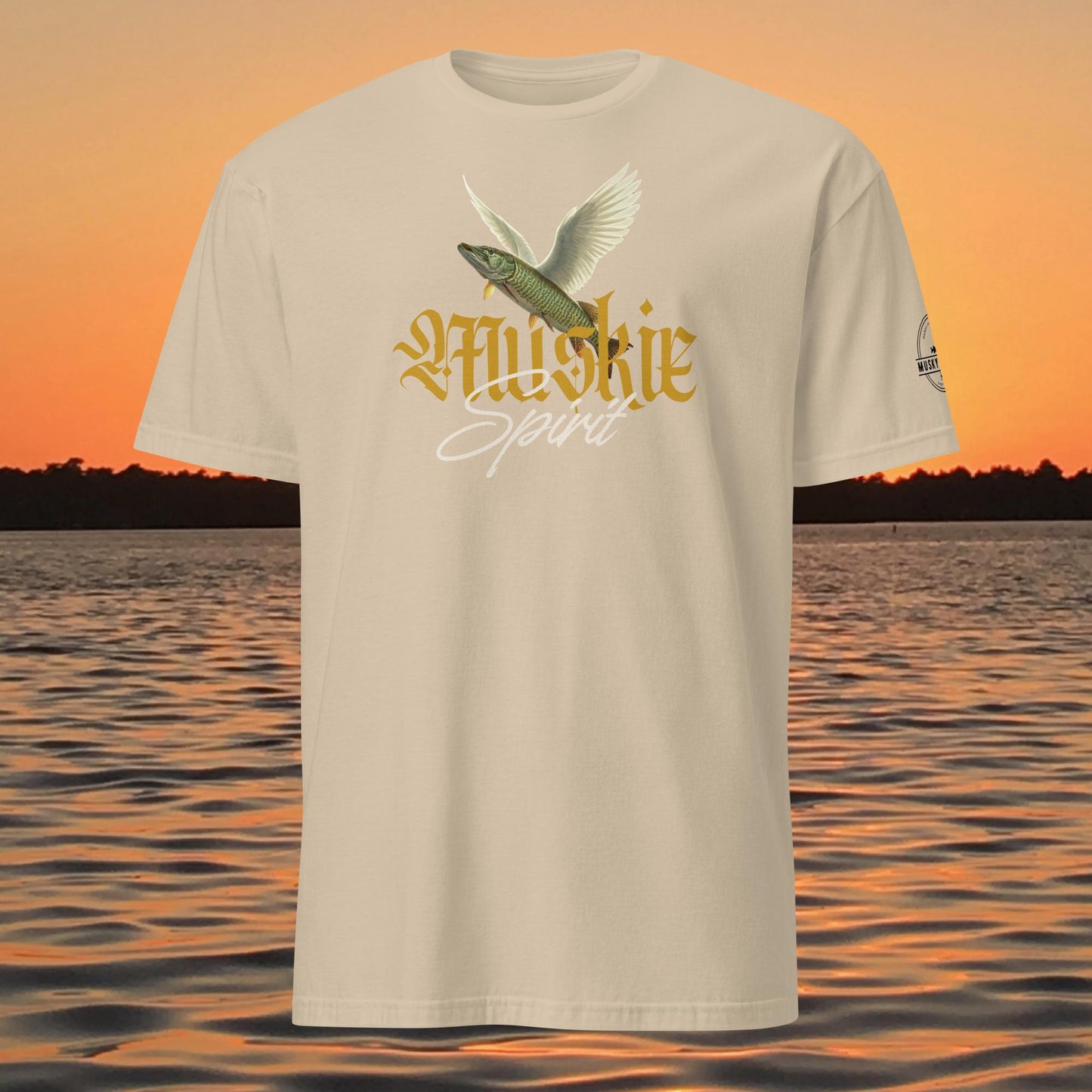 musky fishing shirt muskie spirit design flying fish graphic on tan shirt