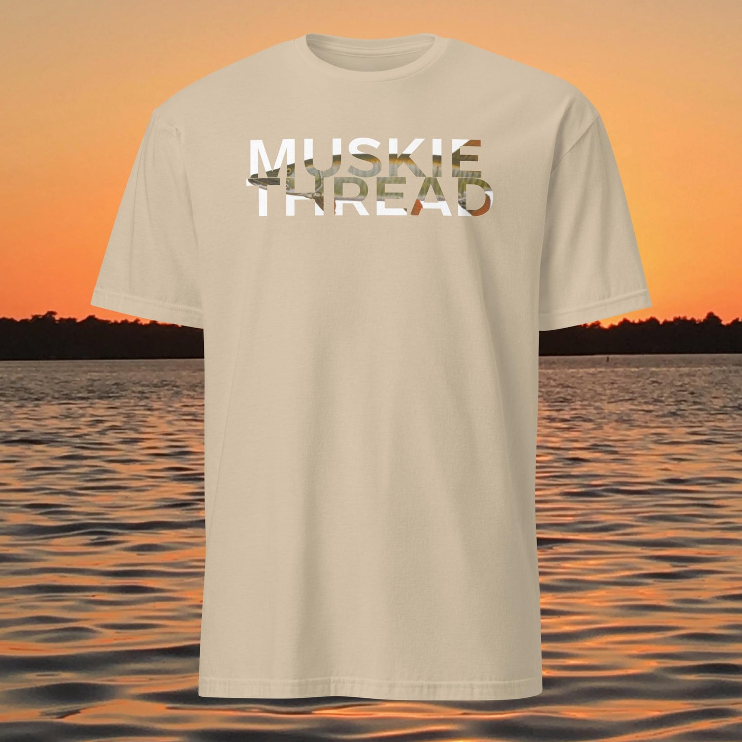 ghosted musky shirt musky thread minimalist muskie fishing t shirt tan