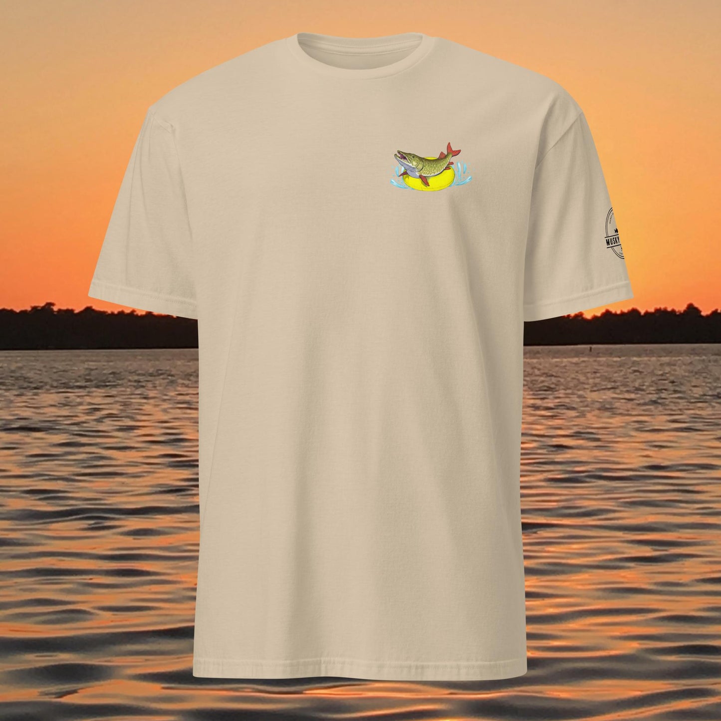 funny muskie fishing shirt pool floatie no livescope musky graphic tee tan
