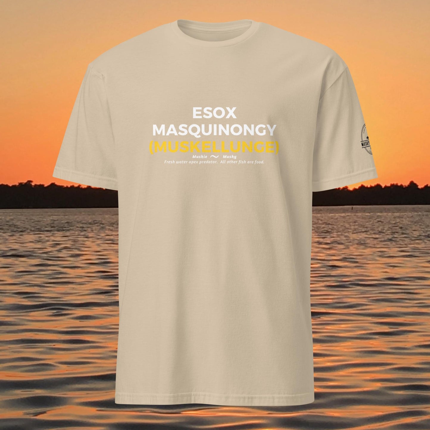 muskie fishing shirt esox masquinongy muskellunge graphic tee tan