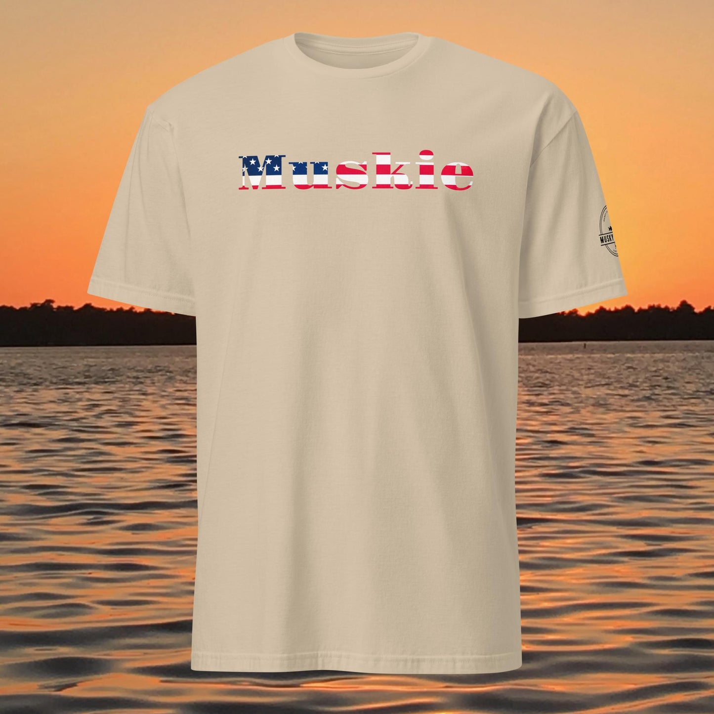 muskie fishing shirt patriotic american flag musky graphic tee tan