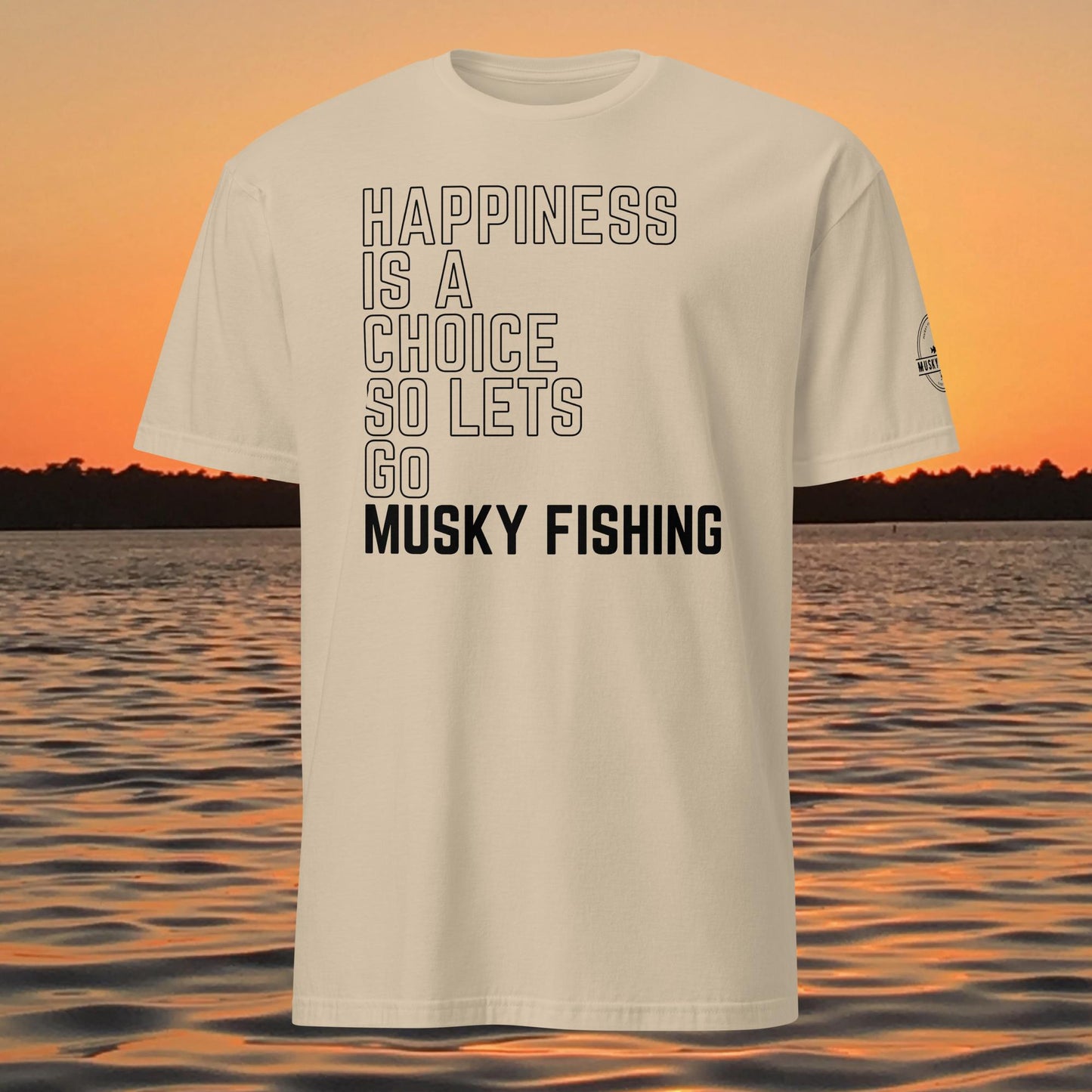 muskie fishing shirt happiness is a choice musky fishing graphic tee tan