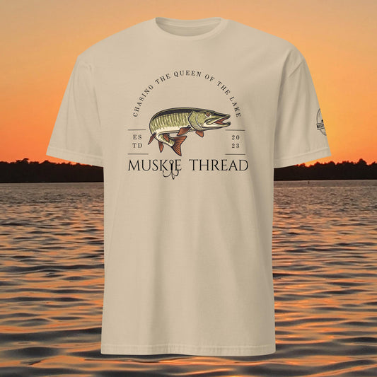 musky thread chasing the queen muskie fishing t shirt tan
