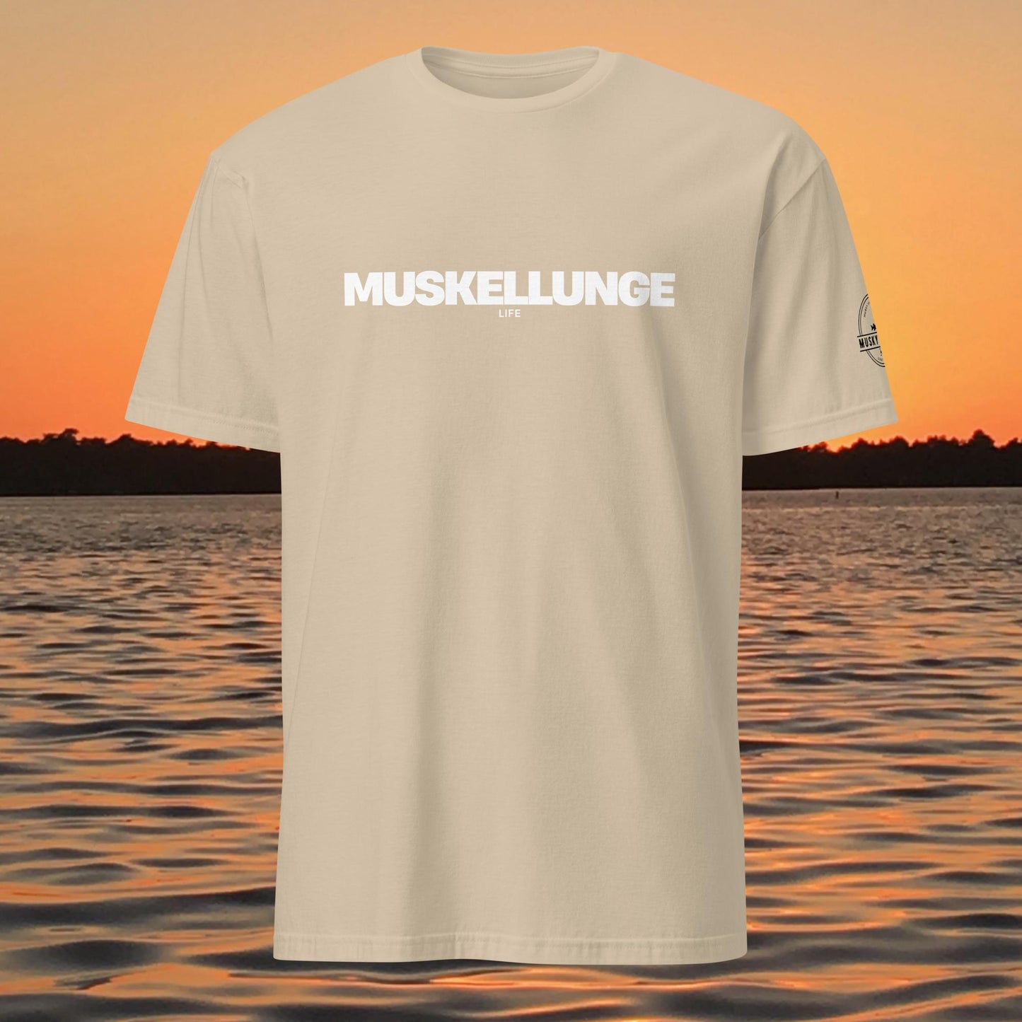 muskellunge muskie fishing shirt minimal design black t shirt tan