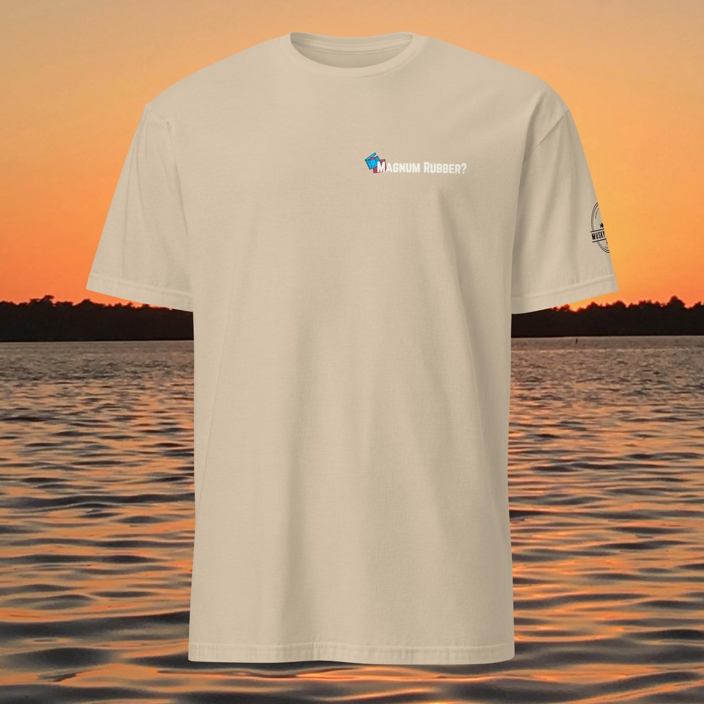 funny muskie fishing shirt musky hunting magnum rubber design back print tan