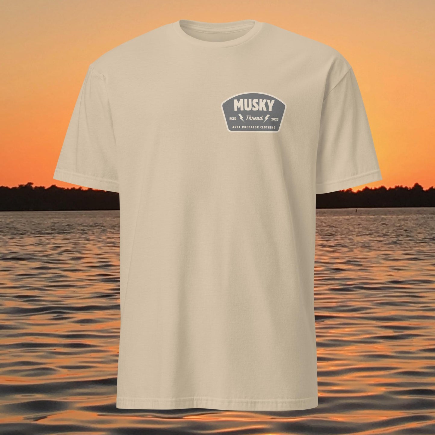 t shirt with musky thread apex predator badge style design on back
