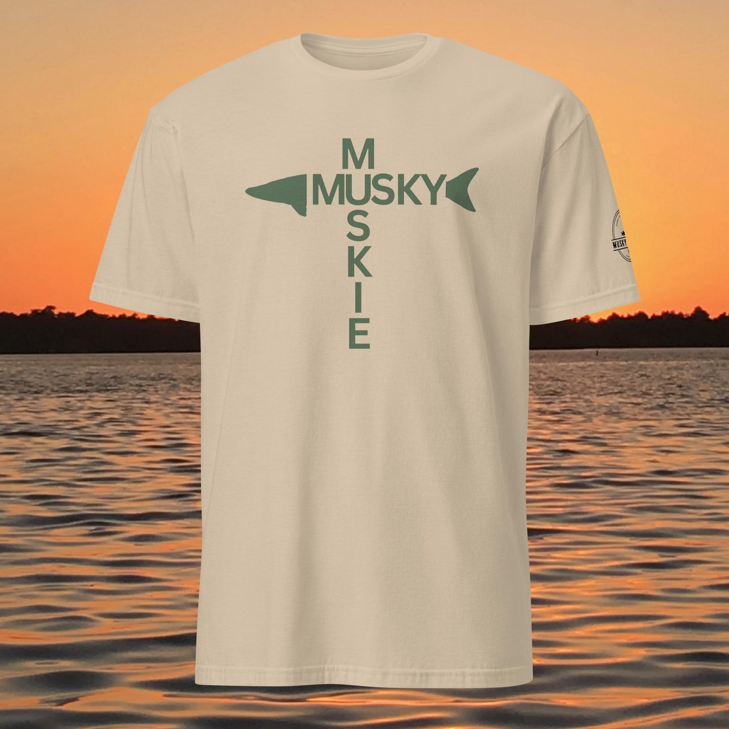t shirt with musky cross text design forming a cross with musky silhouette
