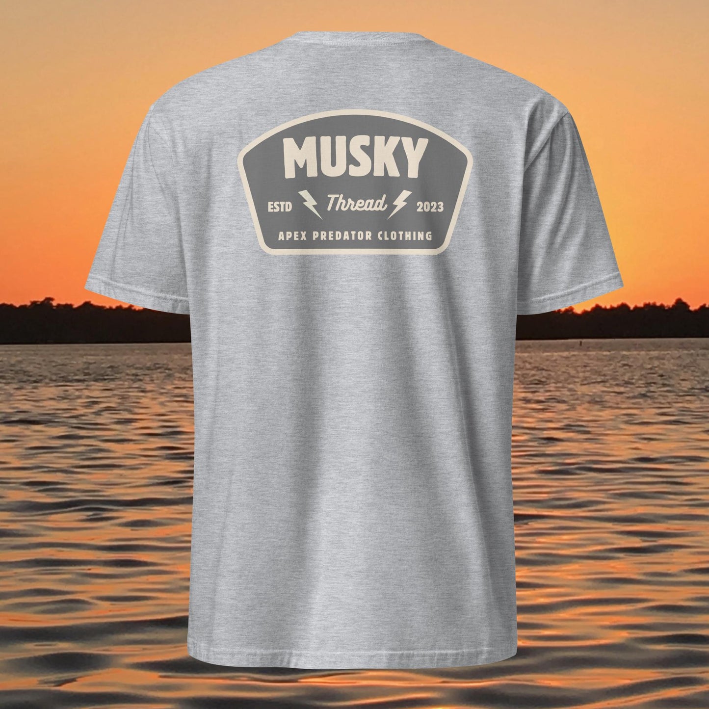 t shirt with musky thread apex predator badge style design on back
