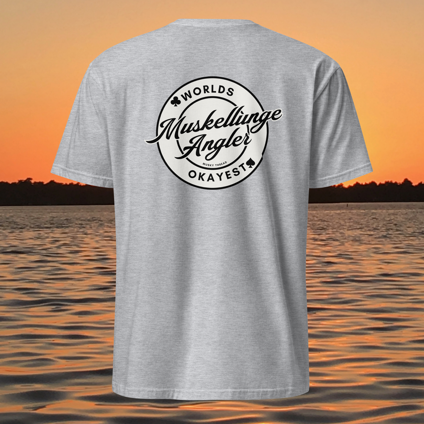 t-shirt with 'Worlds Okayest Muskellunge Angler' logo on back, musky fishing shirt by Musky Thread