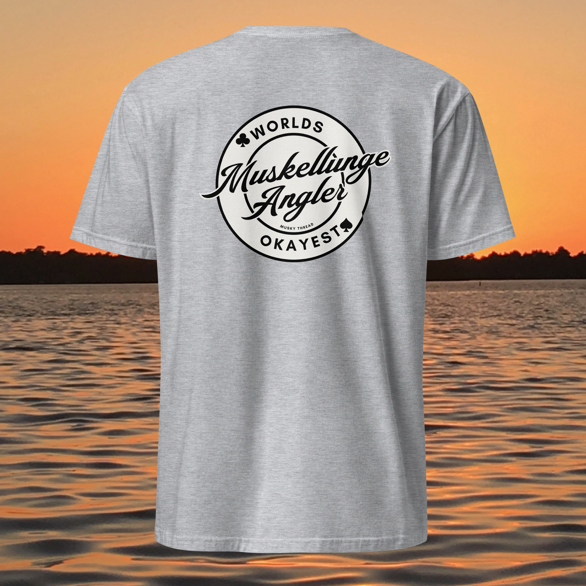 t-shirt with 'Worlds Okayest Muskellunge Angler' logo on back, musky fishing shirt by Musky Thread