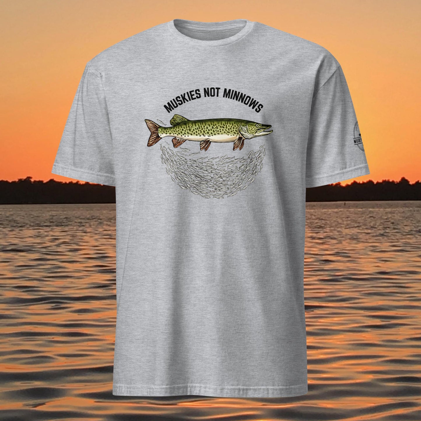 musky fishing t shirt with muskie above baitfish school design
