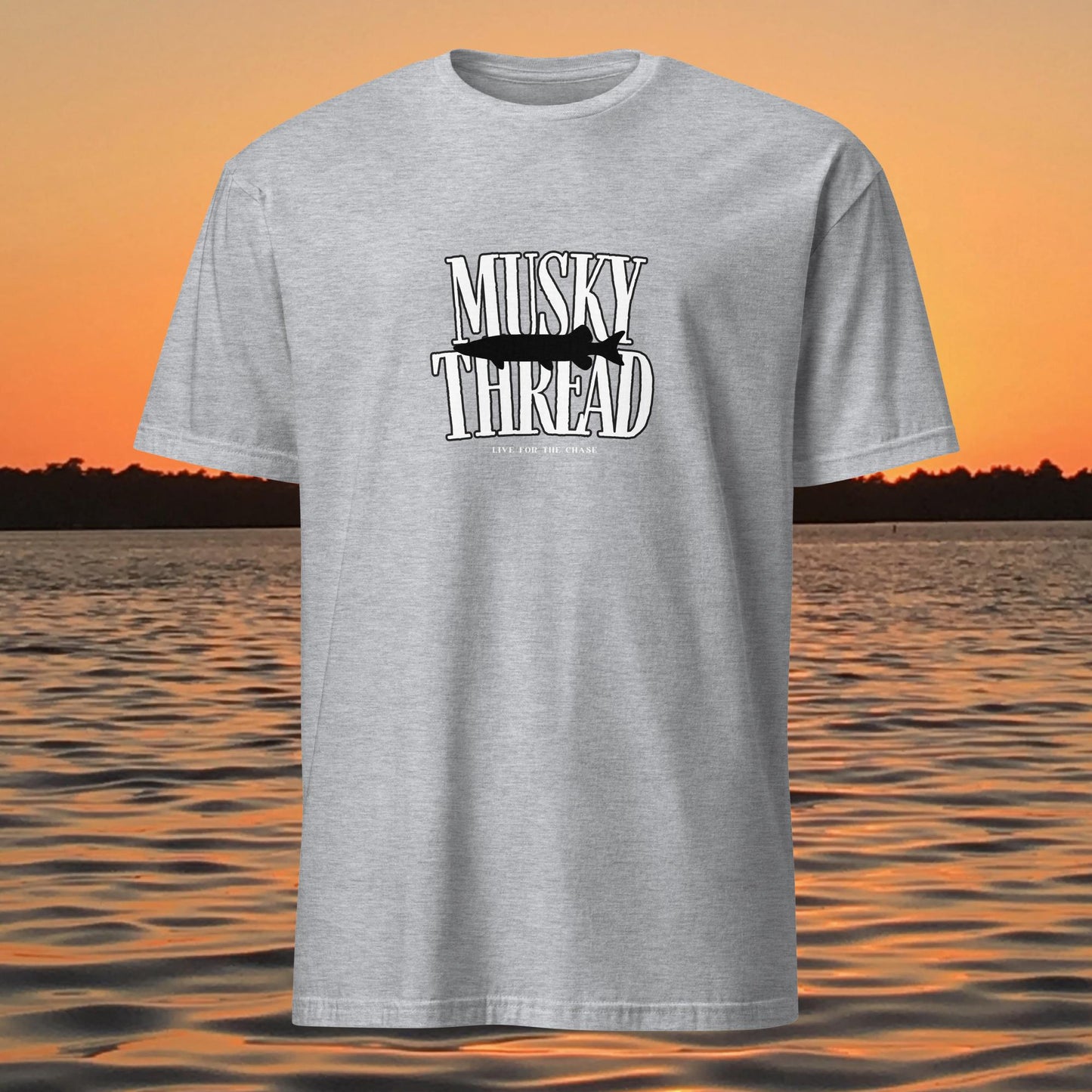 musky fishing shirt musky thread stamped logo design on grey shirt