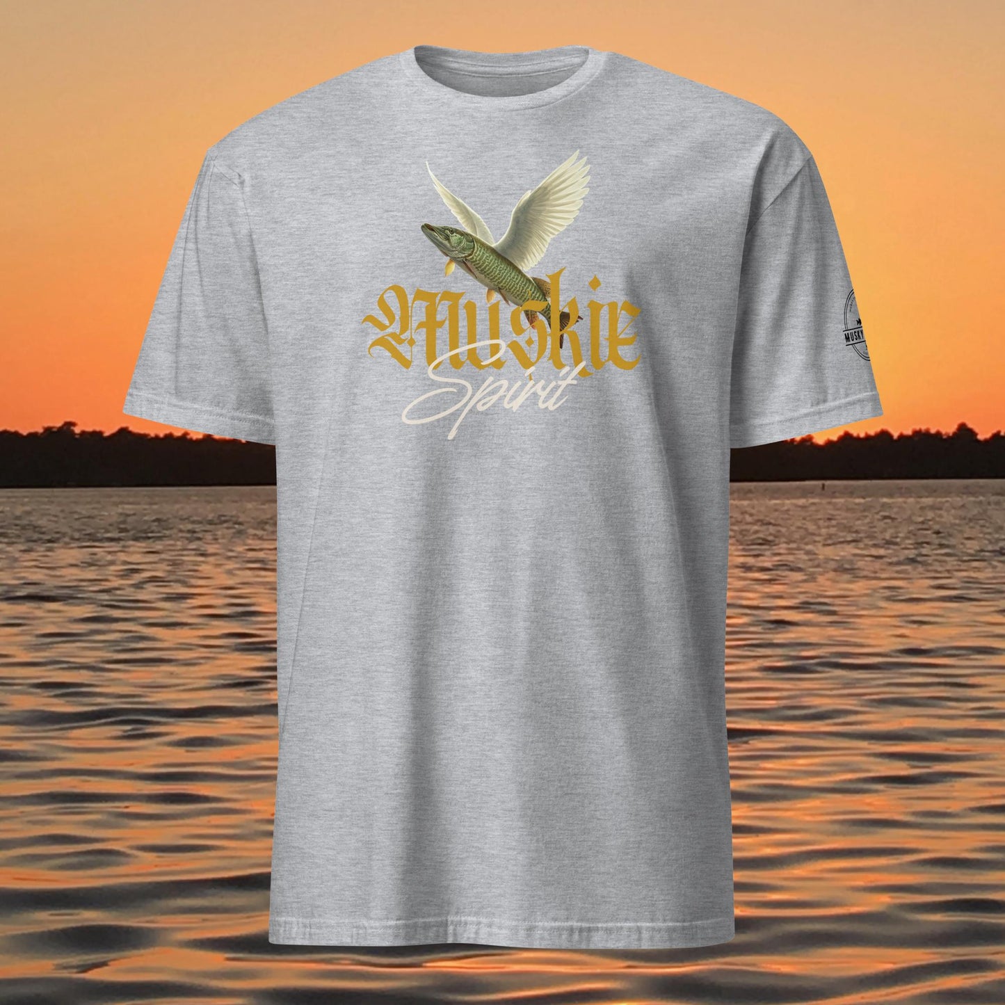 musky fishing shirt muskie spirit design flying fish graphic on grey shirt