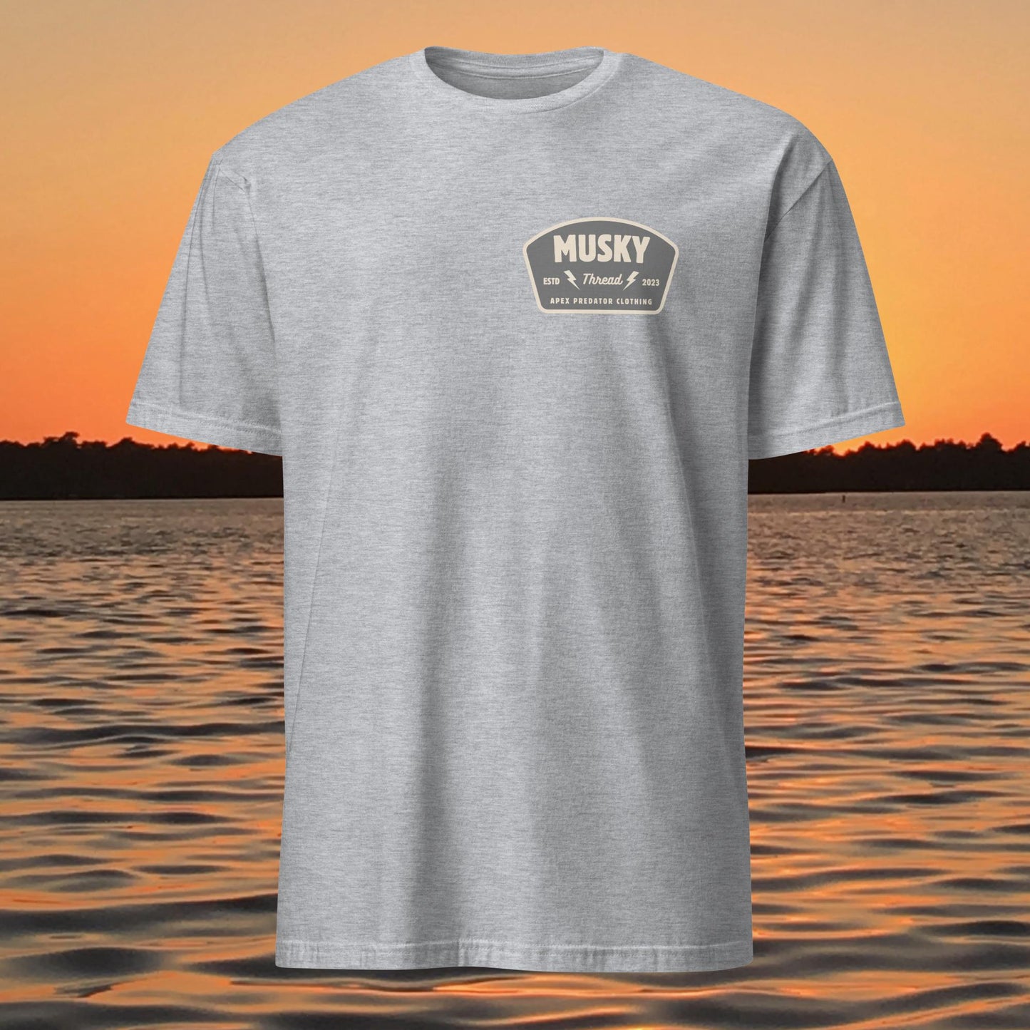 t shirt with musky thread apex predator badge style design on back
