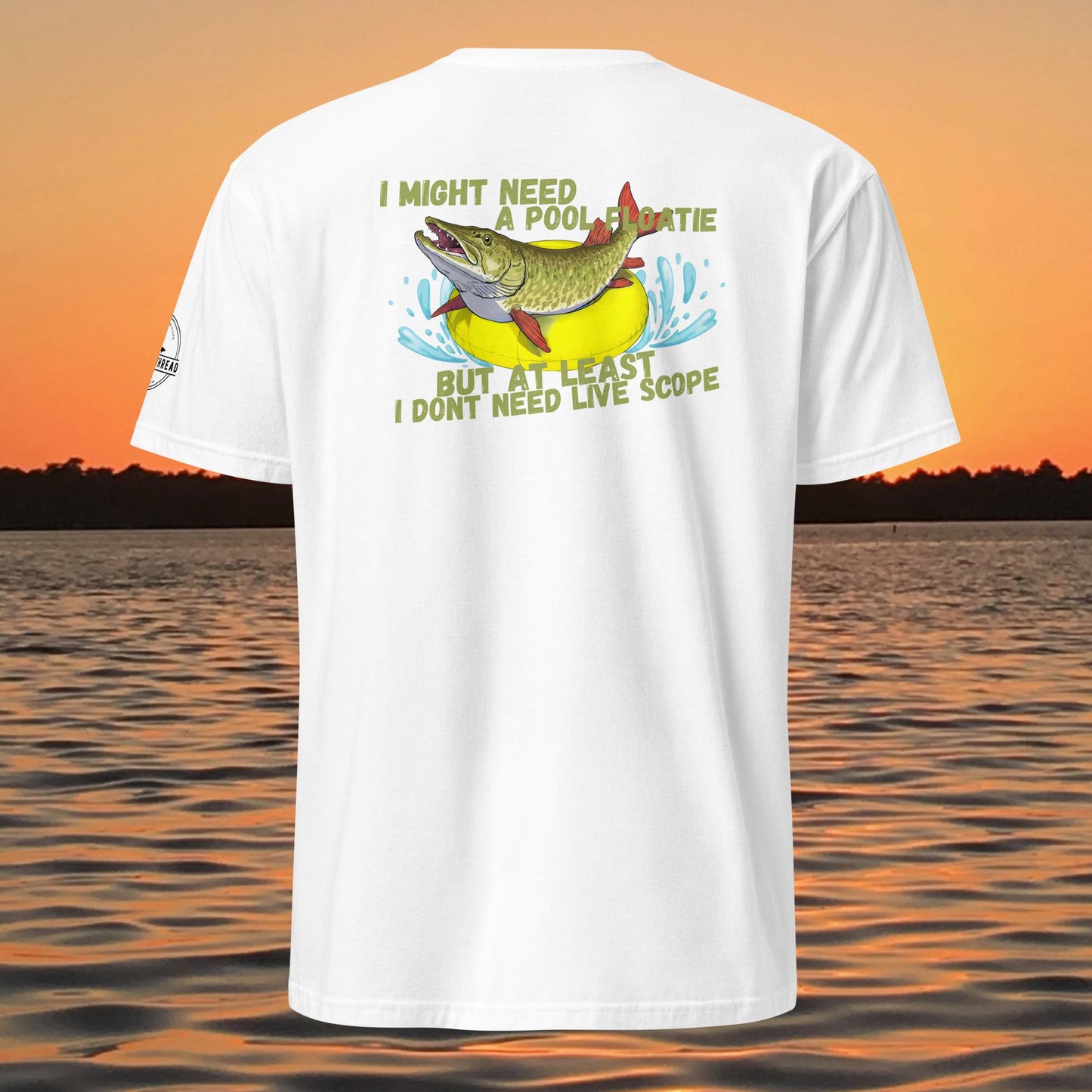 funny muskie fishing shirt pool floatie no livescope musky graphic tee white